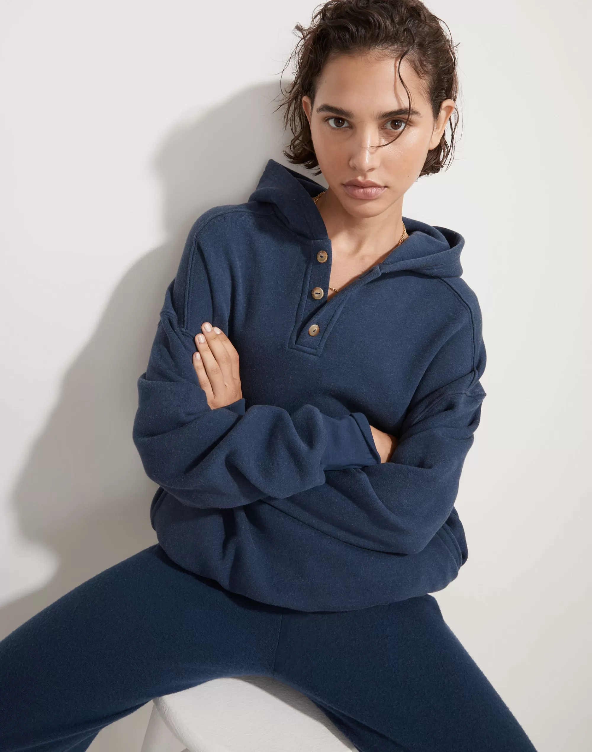 Madewell Sweatshirts & Sweatpants>Donni (Re)Sourced Cashmere-Merino Button Hoodie Sweatshirt Navy