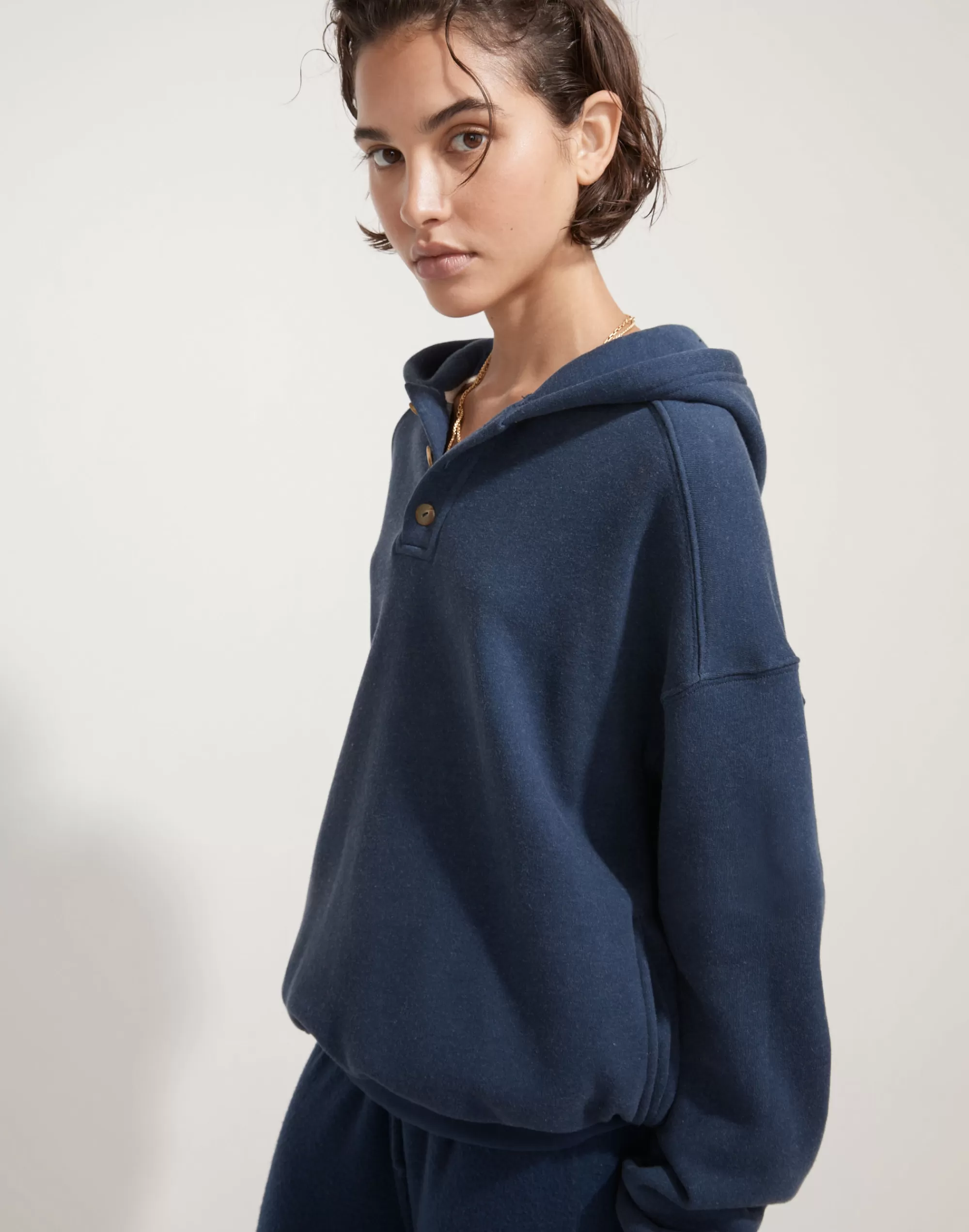 Madewell Sweatshirts & Sweatpants>Donni (Re)Sourced Cashmere-Merino Button Hoodie Sweatshirt Navy