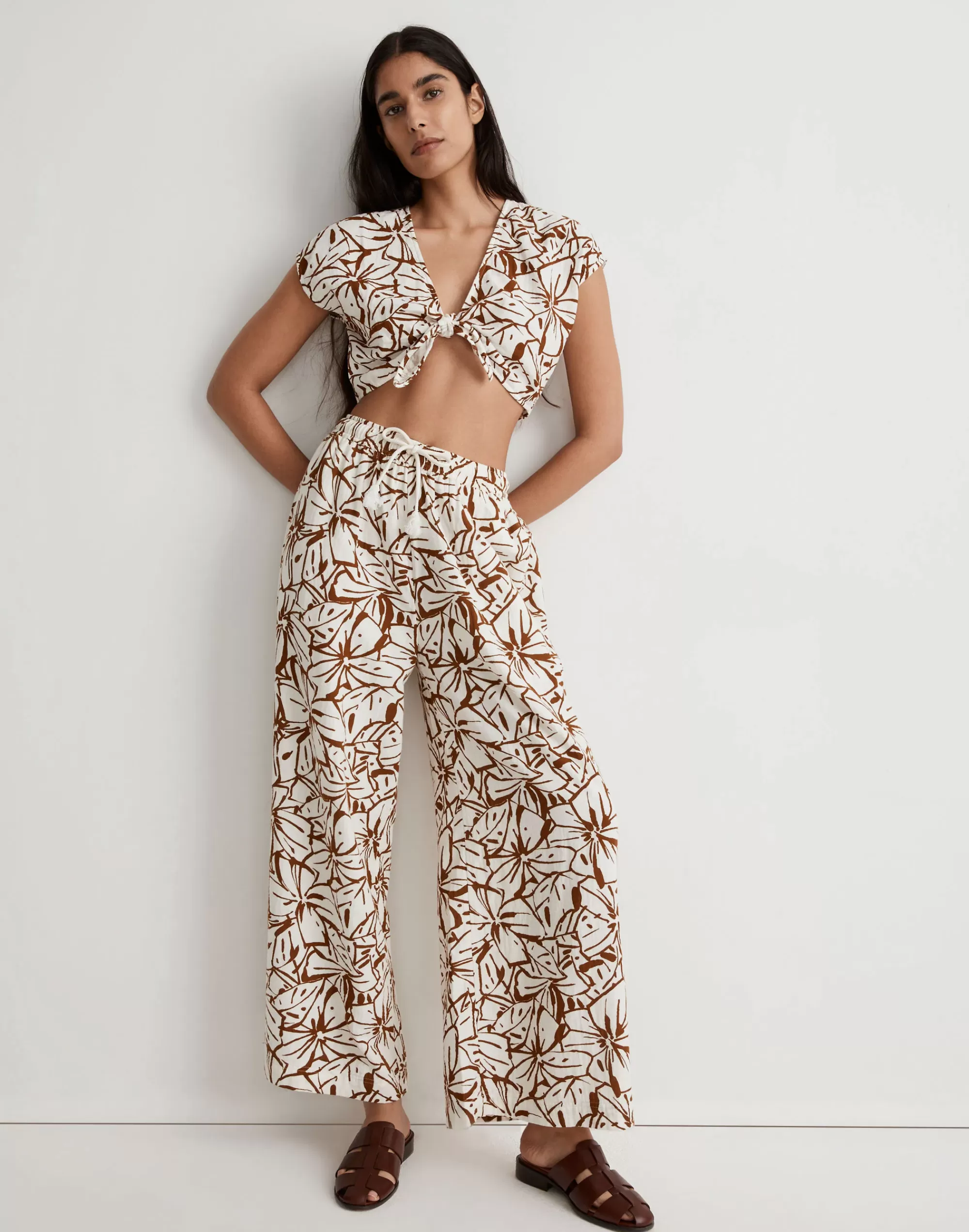 Madewell Swim>Double-Gauze Drawstring Wide-Leg Pants In Abstract Flora Lighthouse Sepia