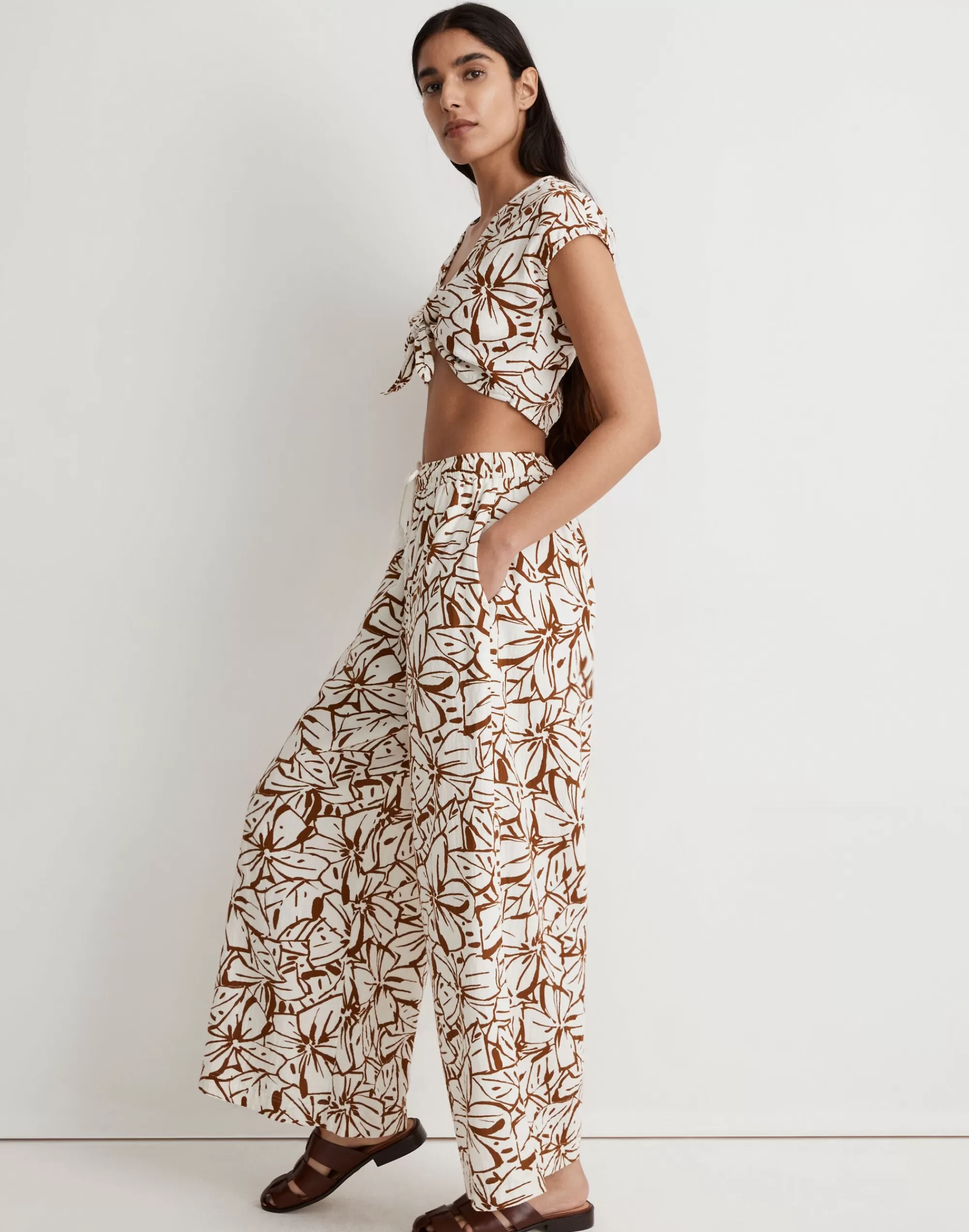 Madewell Swim>Double-Gauze Drawstring Wide-Leg Pants In Abstract Flora Lighthouse Sepia