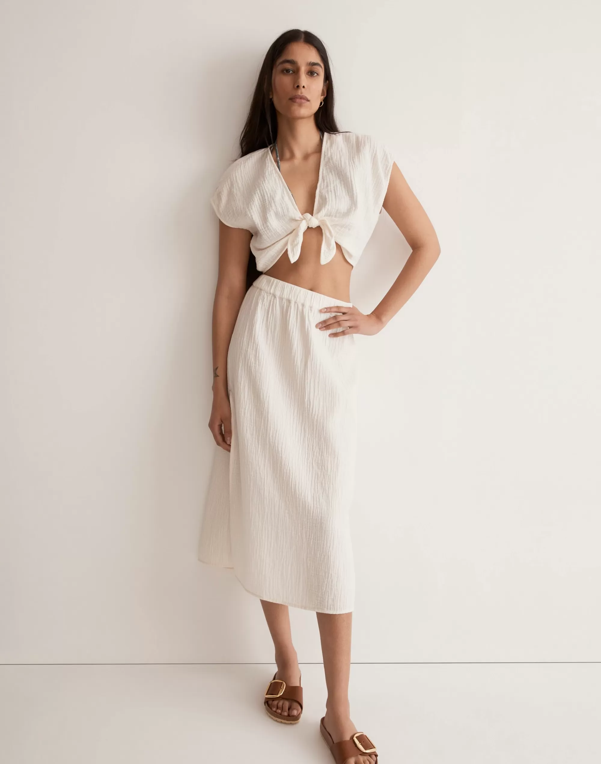 Madewell Swim>Double-Gauze Tie-Front Cropped Top Lighthouse