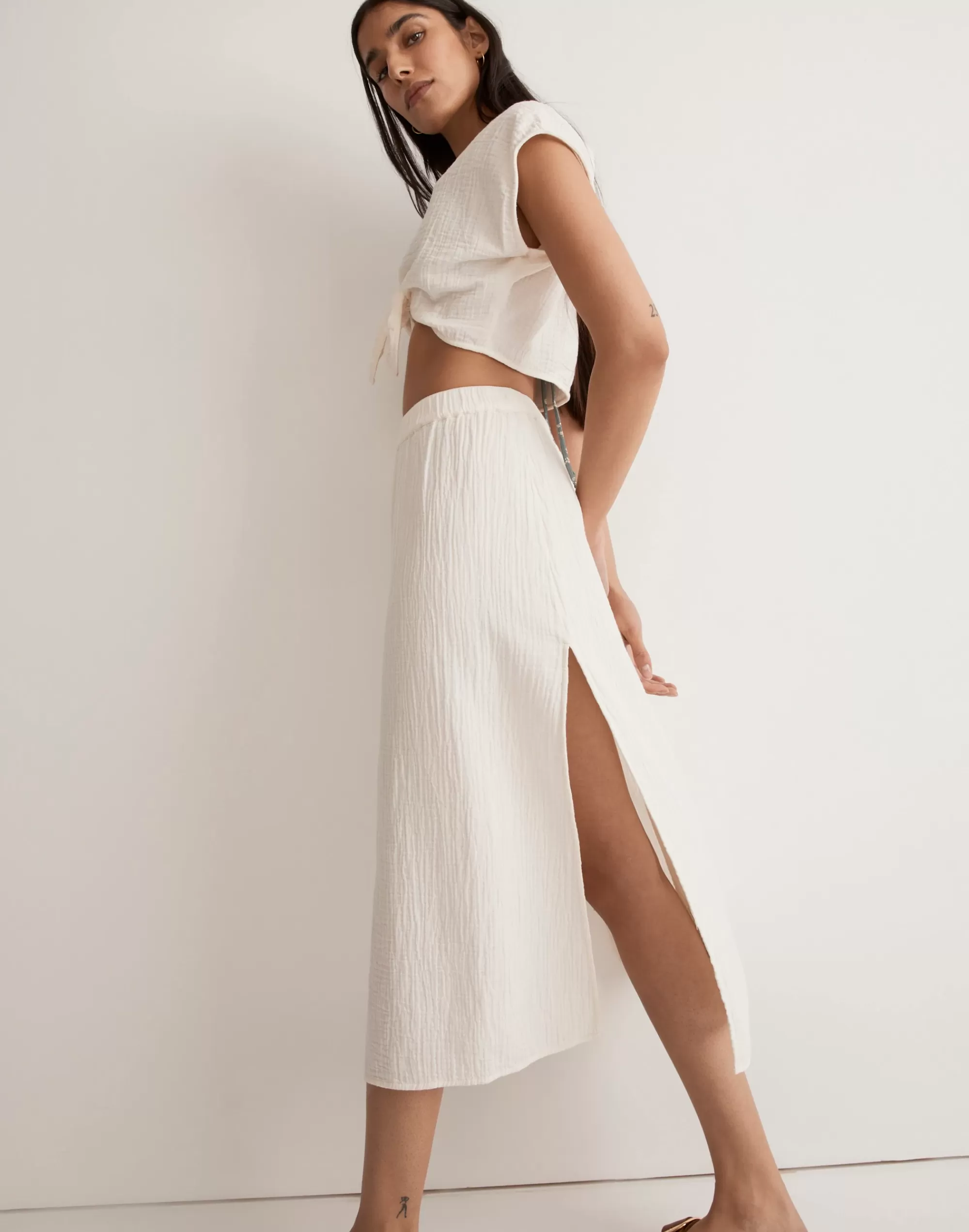 Madewell Swim>Double-Gauze Tie-Front Cropped Top Lighthouse