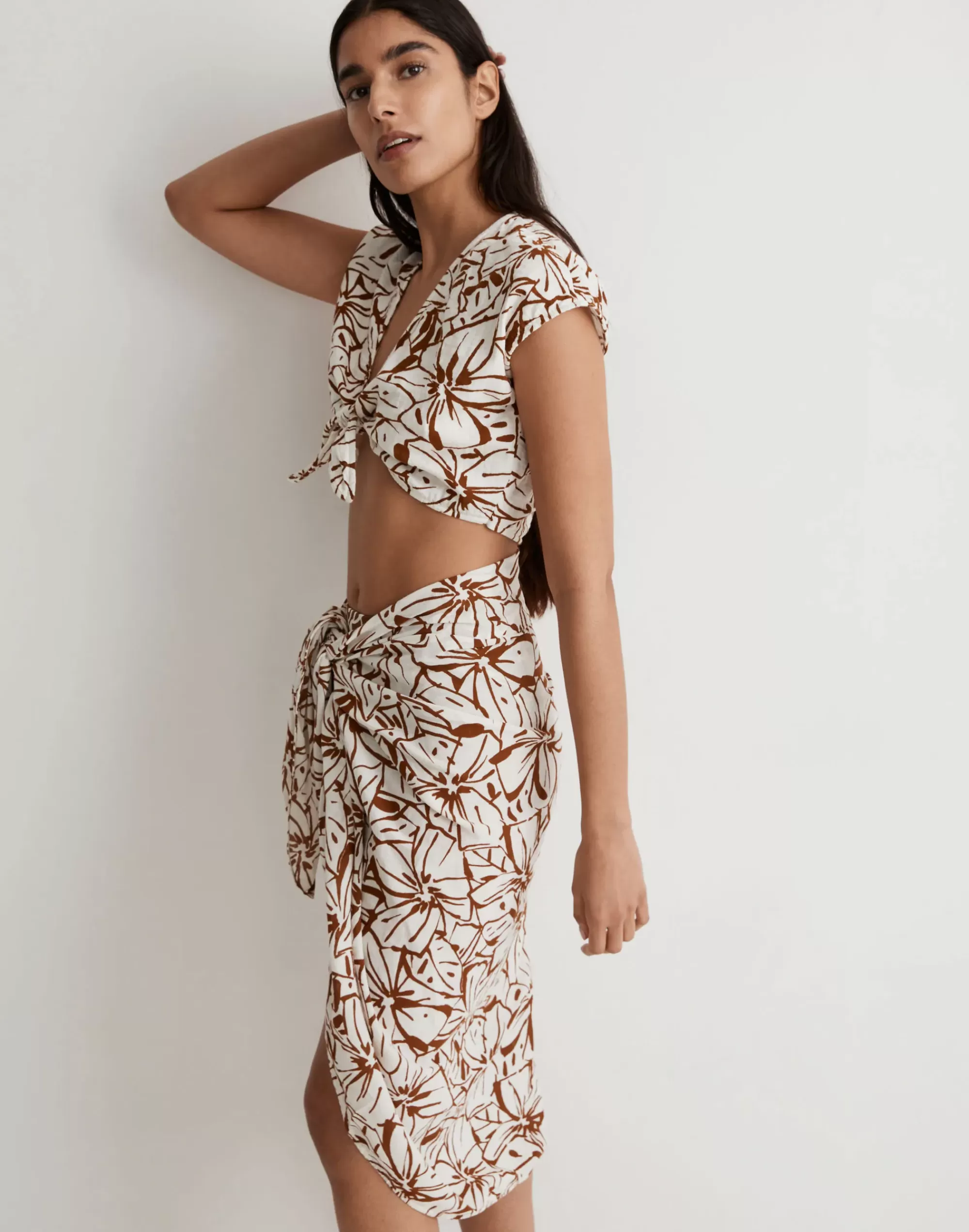 Madewell Swim>Double-Gauze Tie-Front Cropped Top In Abstract Flora Lighthouse Sepia