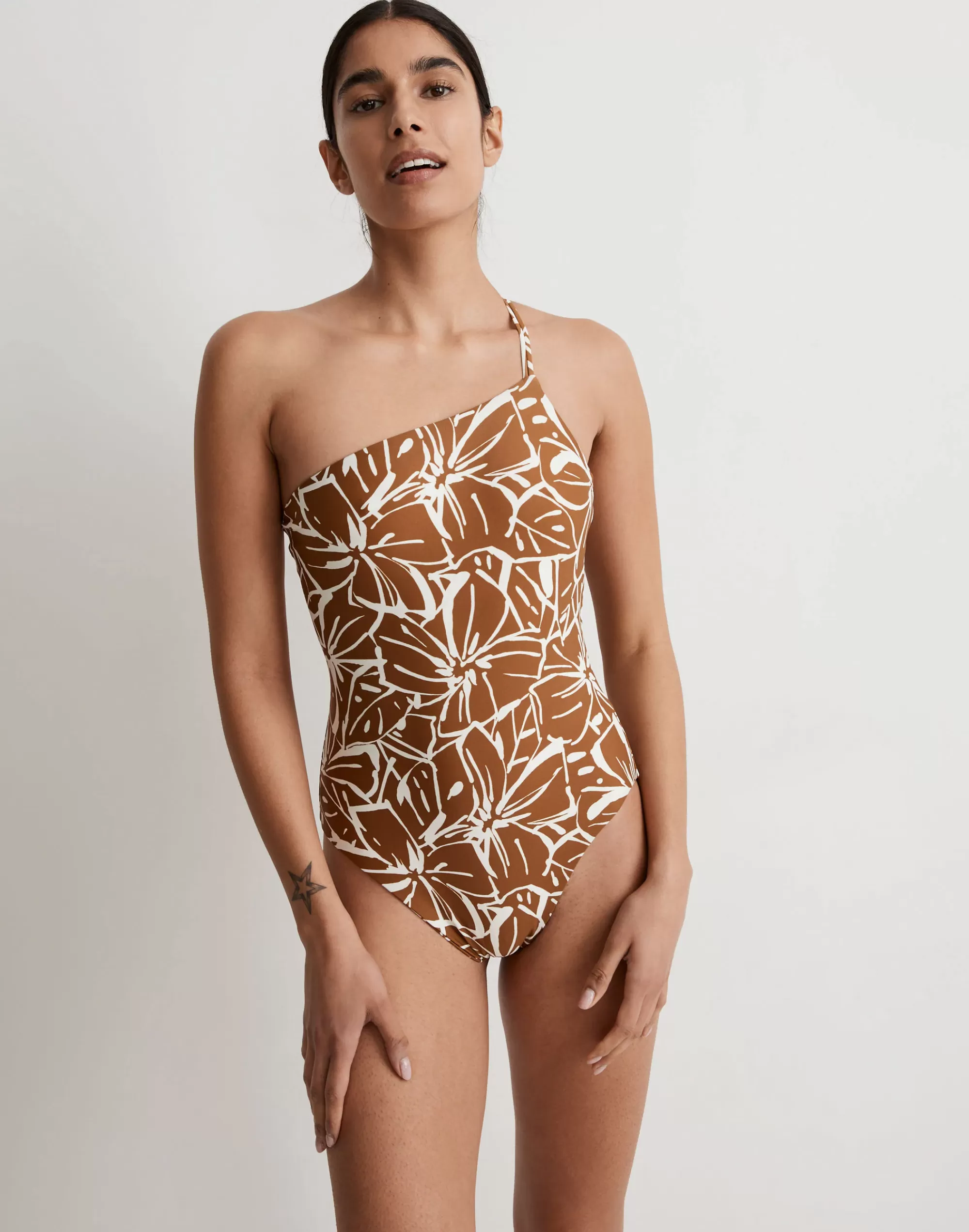 Madewell Swim>Double-Strap One-Shoulder One-Piece Swimswit In Abstract Flora Sepia