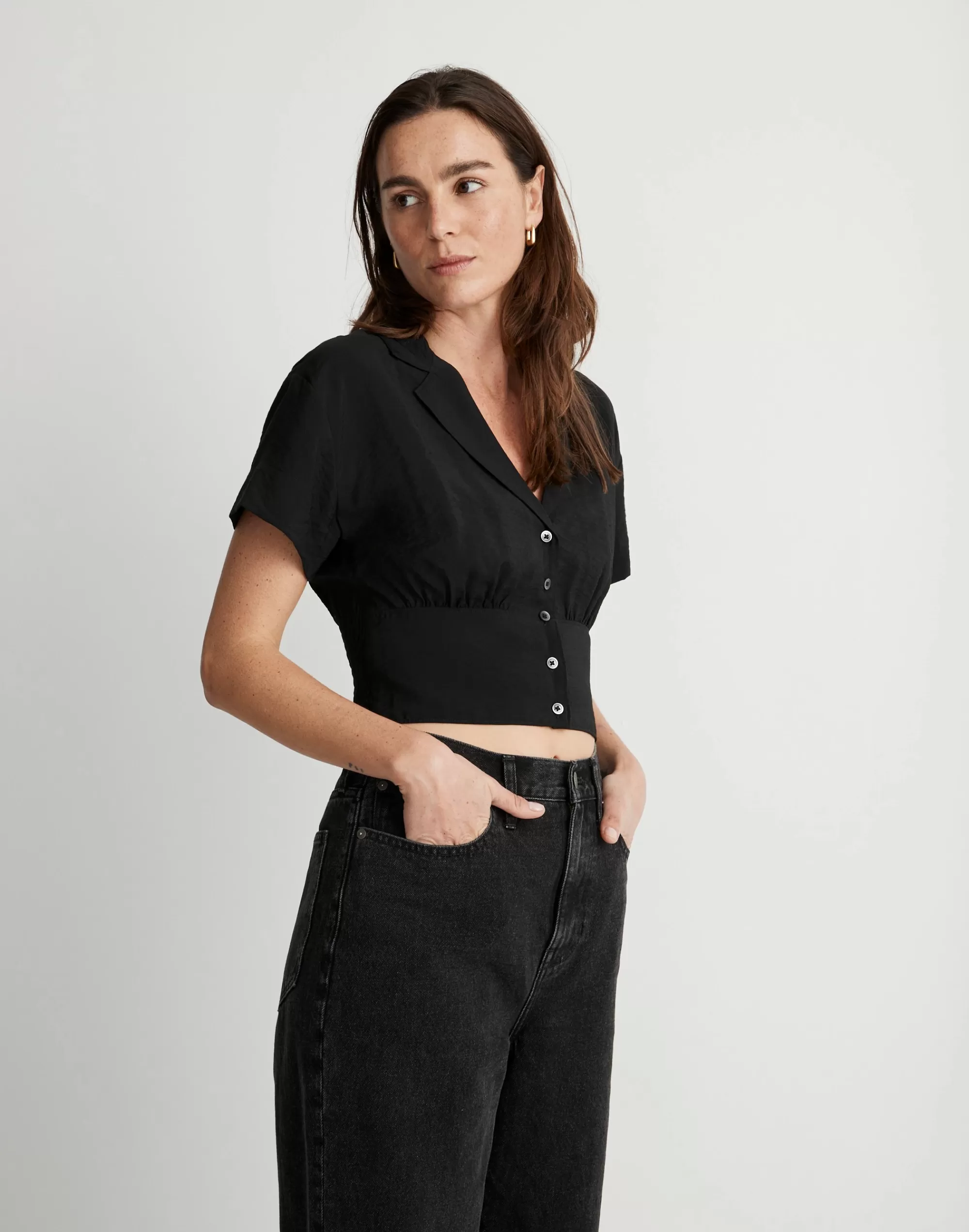 Madewell Tops & Shirts>Drapey Banded-Bottom Button-Down Top True Black