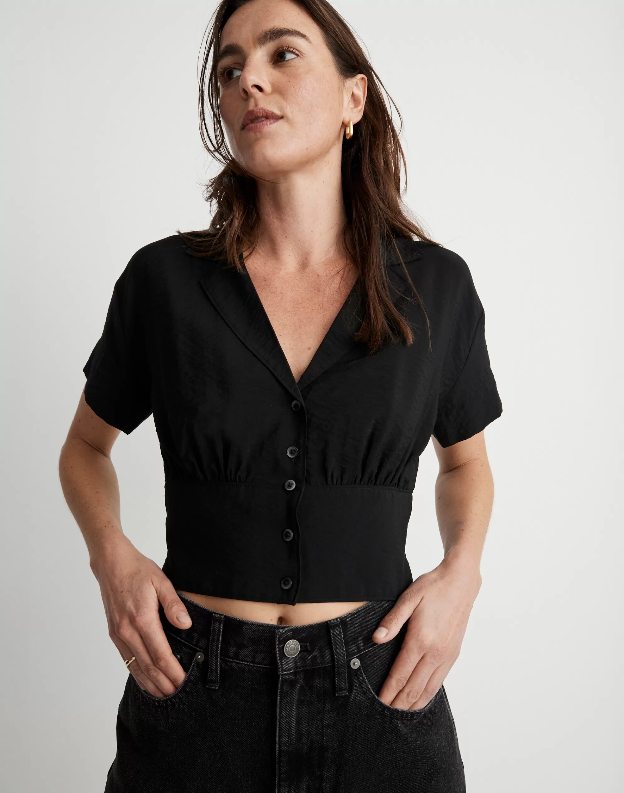 Madewell Tops & Shirts>Drapey Banded-Bottom Button-Down Top True Black