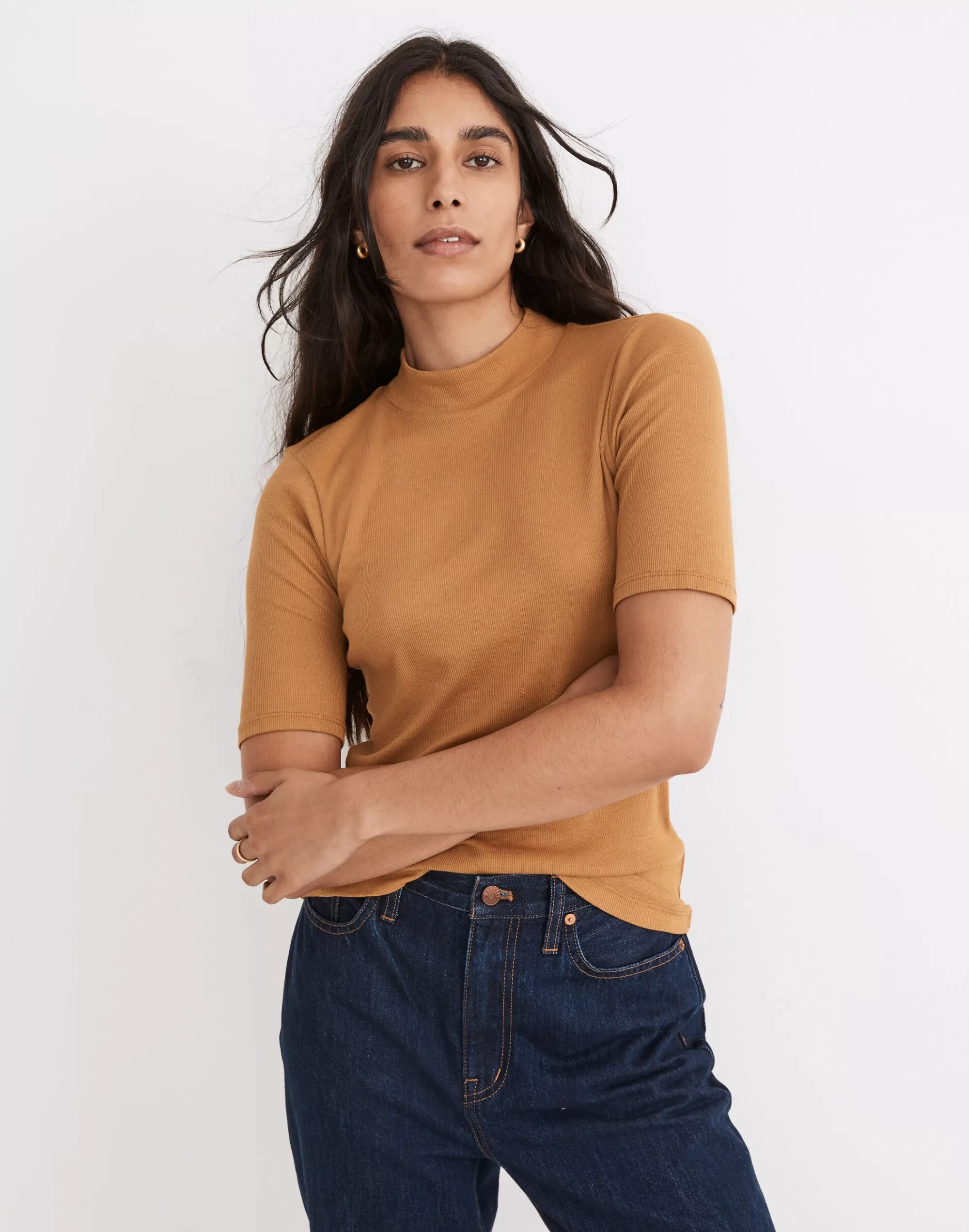 Madewell Tees>Drapey-Rib Mockneck Top Toffee