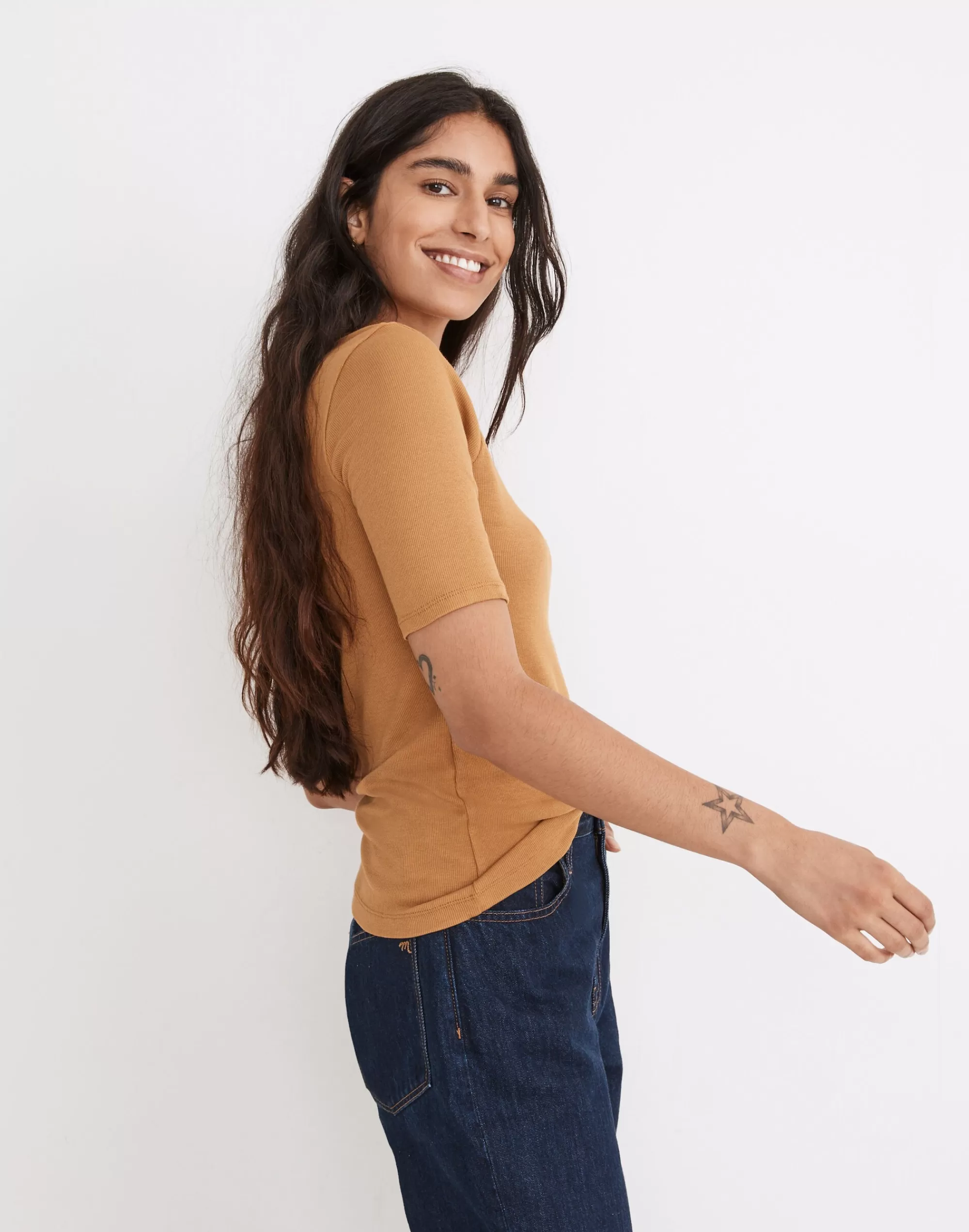 Madewell Tees>Drapey-Rib Mockneck Top Toffee