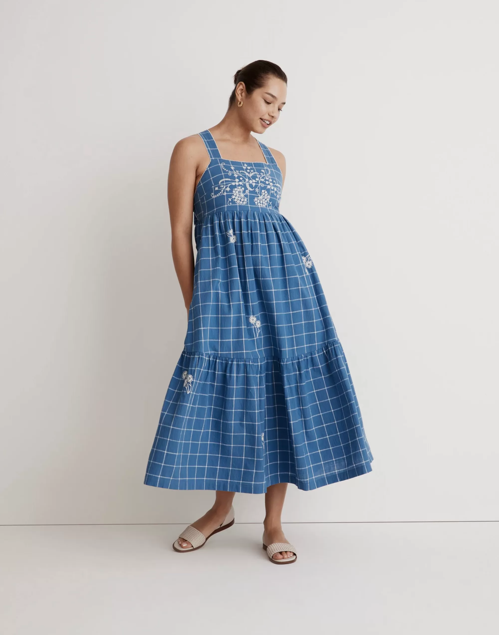 Madewell Dresses>Embroidered Cicely Tiered Midi Dress In Plaid Hermitage Blue