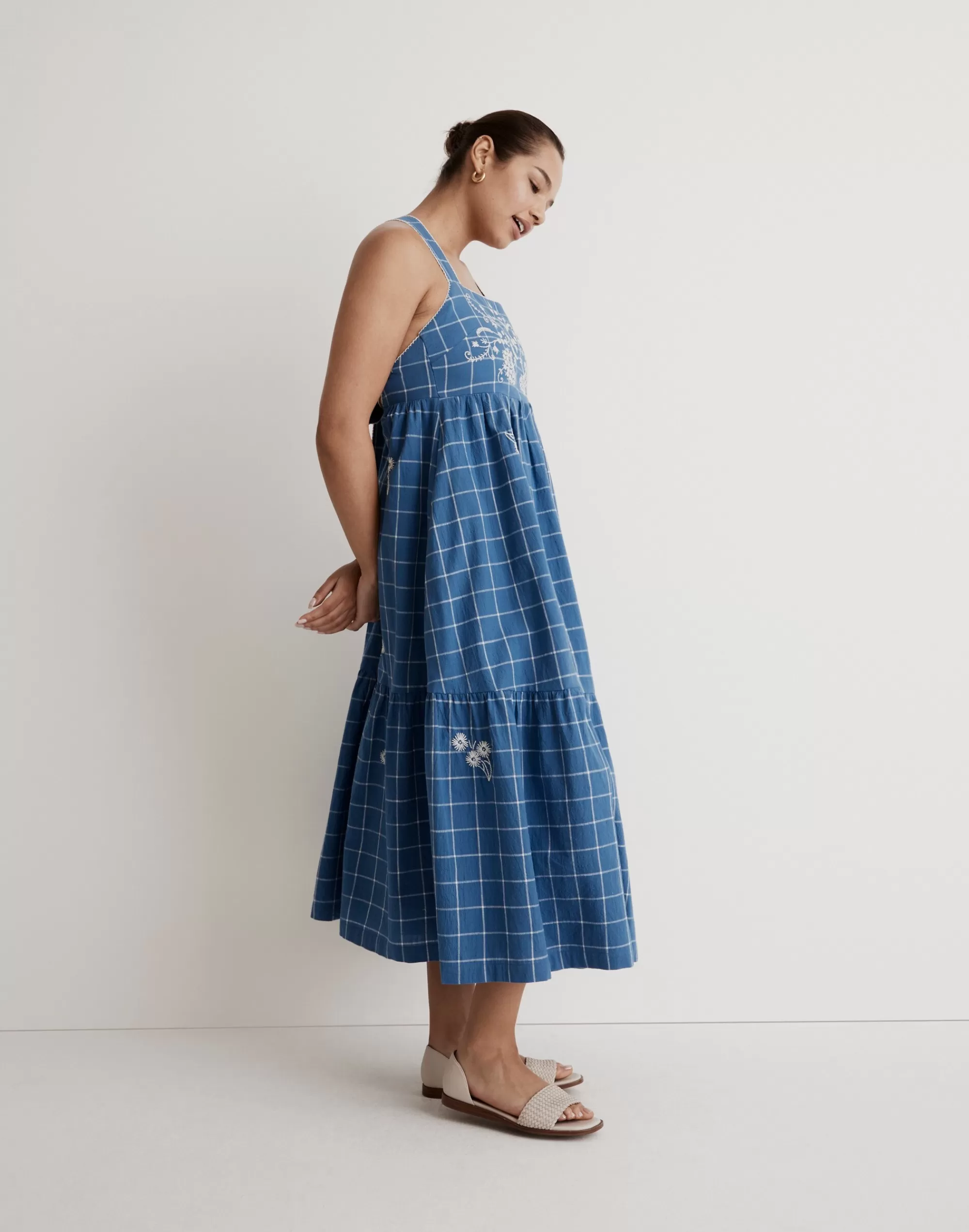 Madewell Dresses>Embroidered Cicely Tiered Midi Dress In Plaid Hermitage Blue