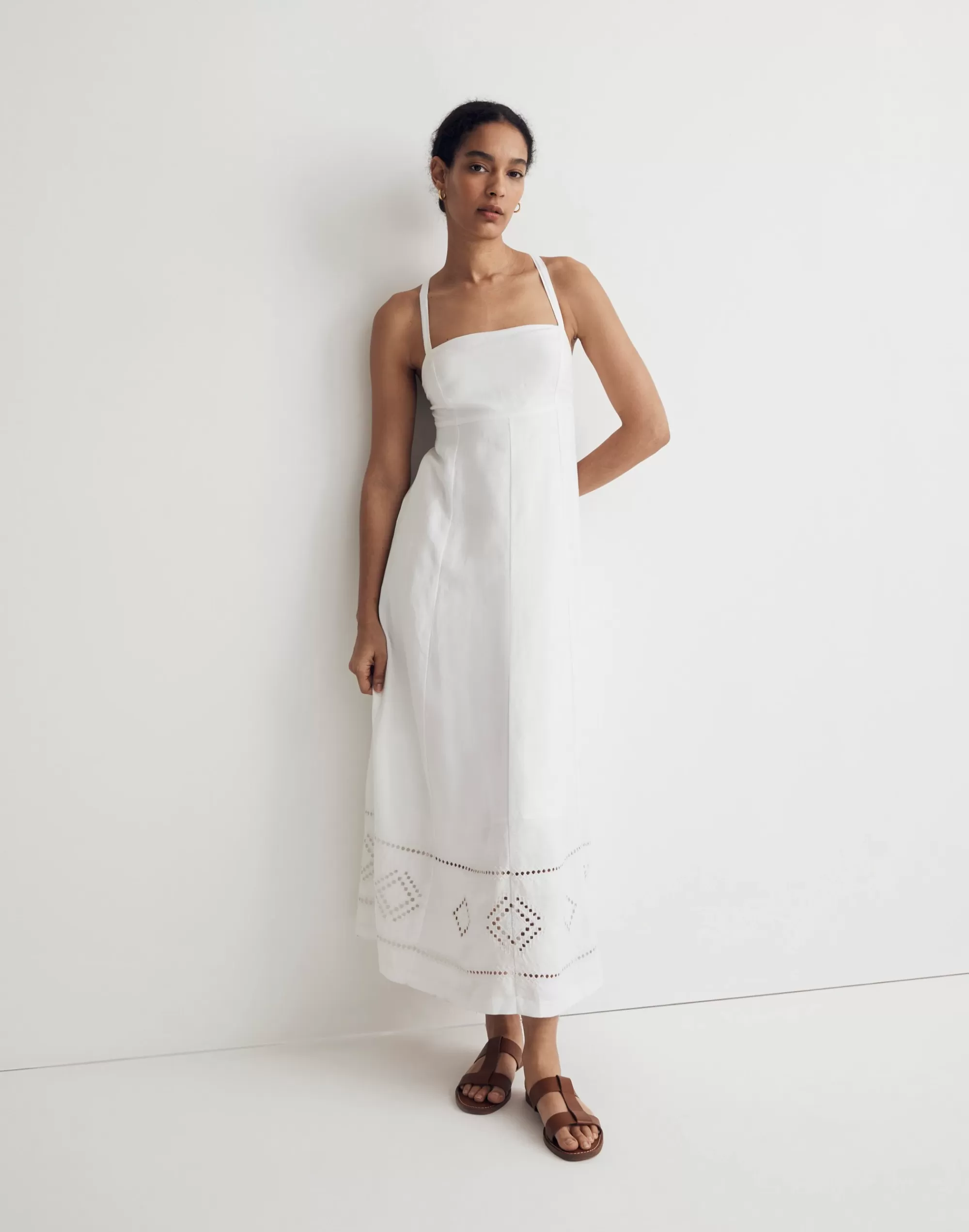 Madewell Dresses>Embroidered Eyelet Tie-Back Cami Midi Dress Eyelet White