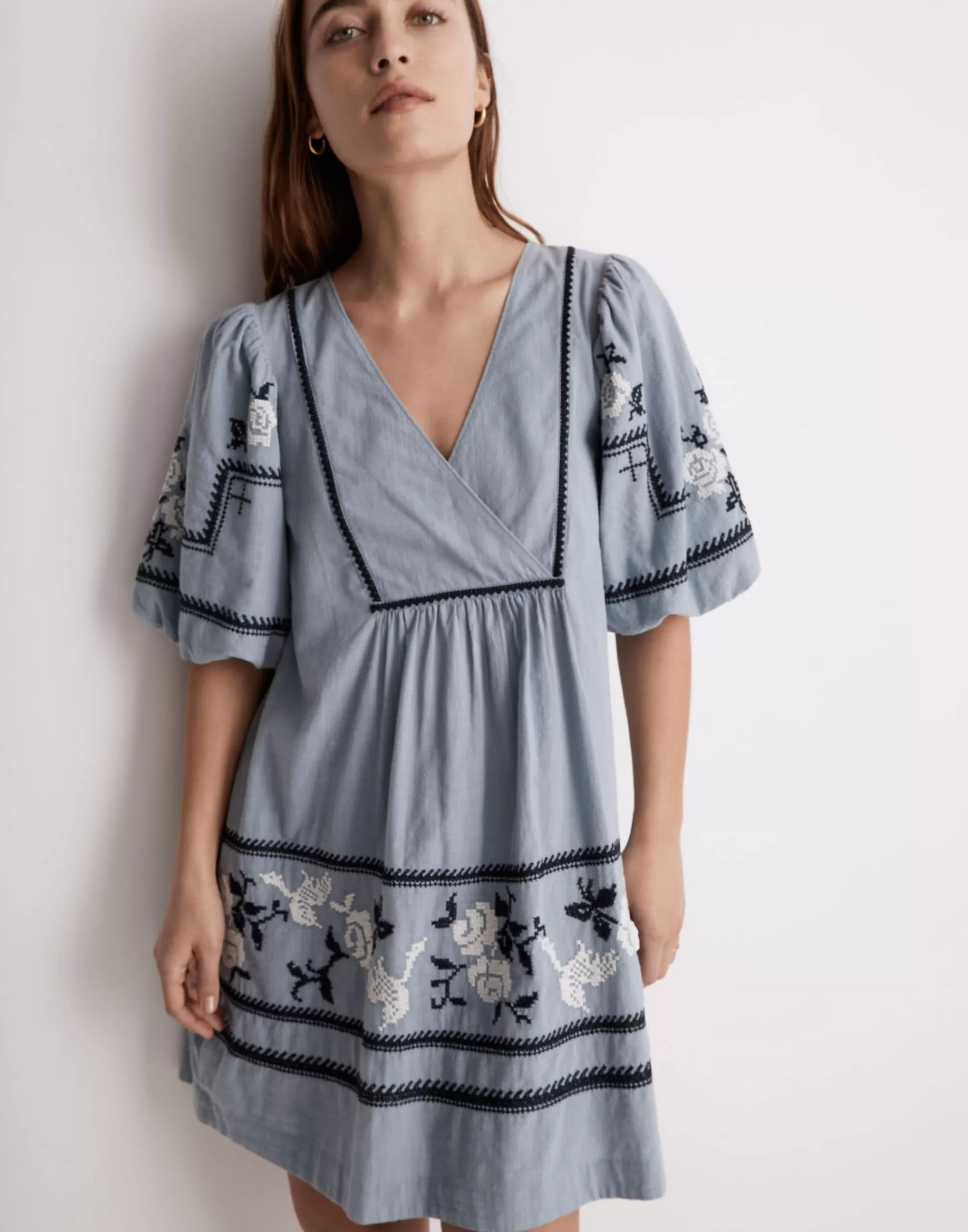 Madewell Dresses>Embroidered Foldover V-Neck Mini Dress Terrace Blue