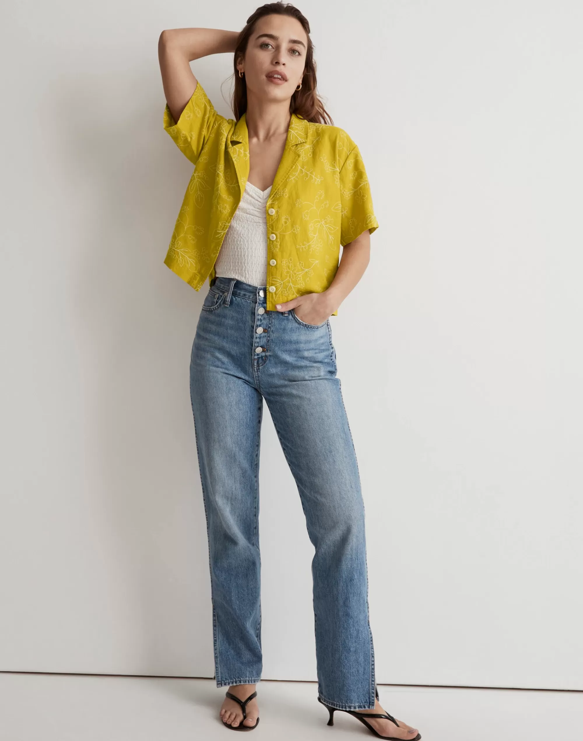 Madewell Tops & Shirts>Embroidered Linen-Blend Resort Crop Shirt Gilded Chartreuse