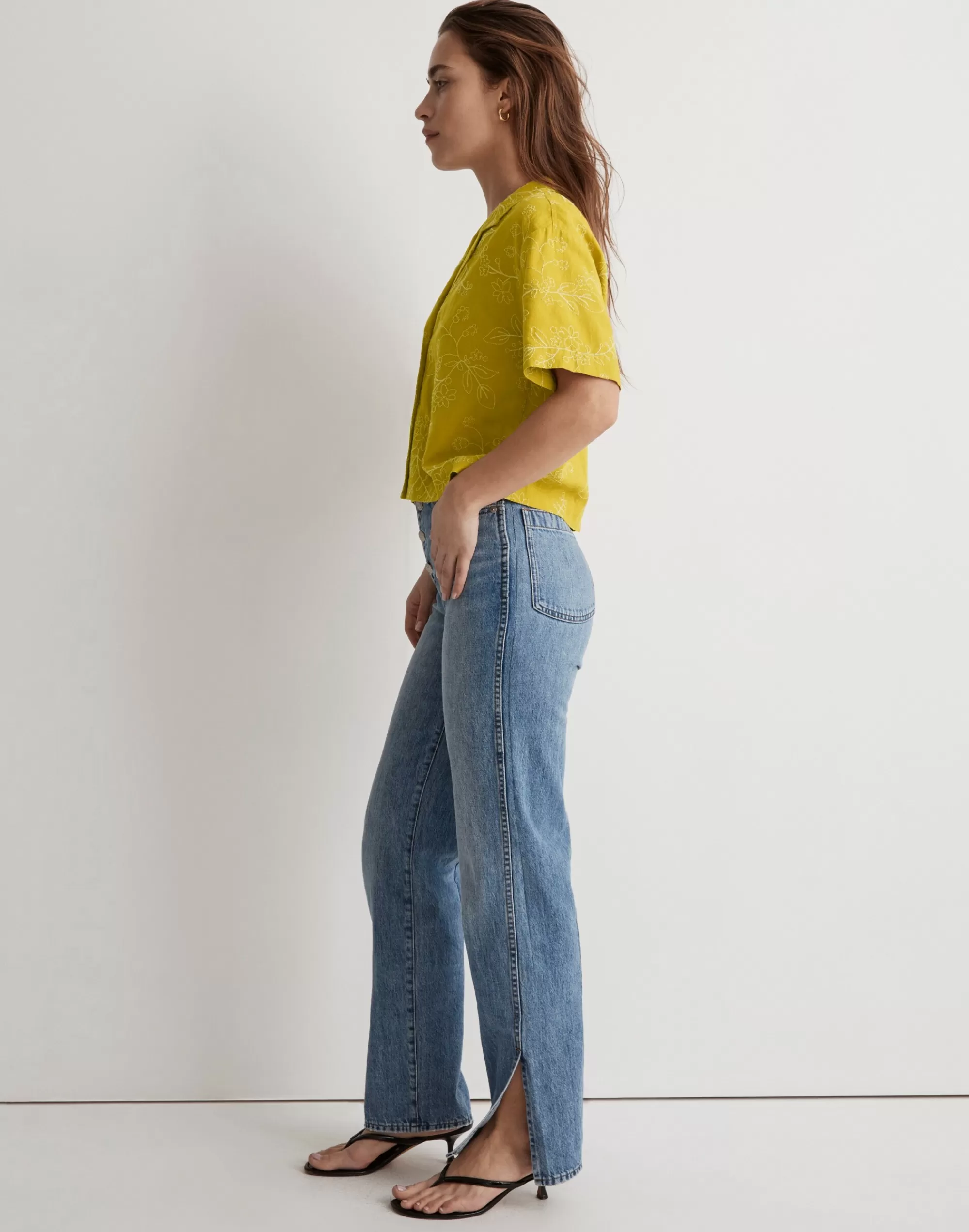 Madewell Tops & Shirts>Embroidered Linen-Blend Resort Crop Shirt Gilded Chartreuse