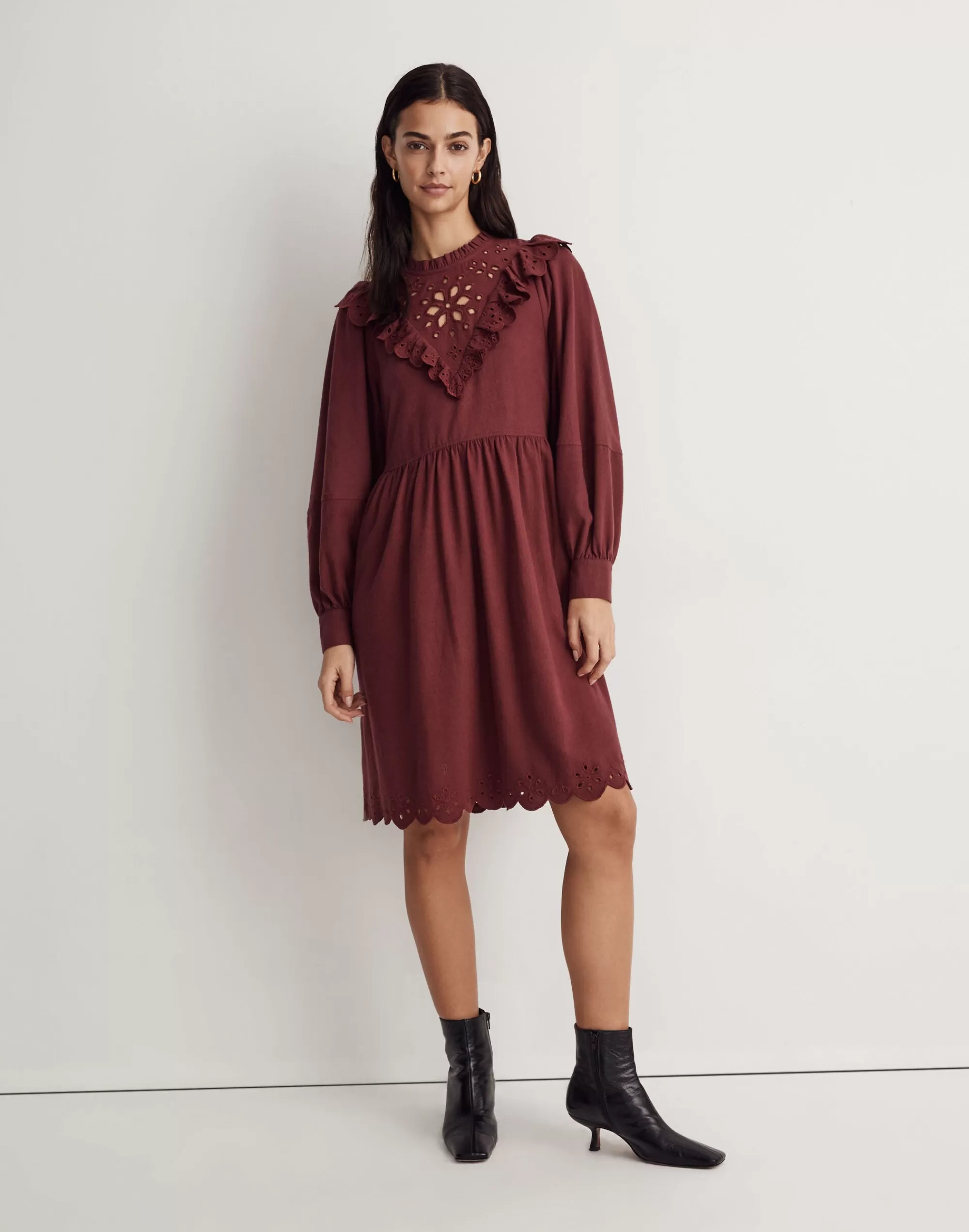 Madewell Dresses>Embroidered Ruffled Flannel Mini Dress Vintage Mulberry