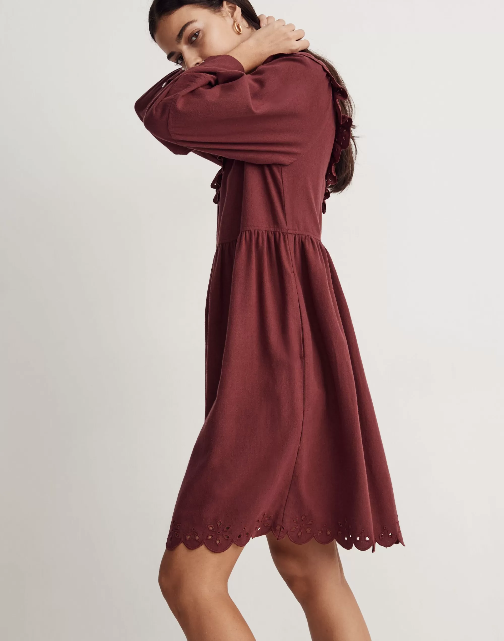 Madewell Dresses>Embroidered Ruffled Flannel Mini Dress Vintage Mulberry