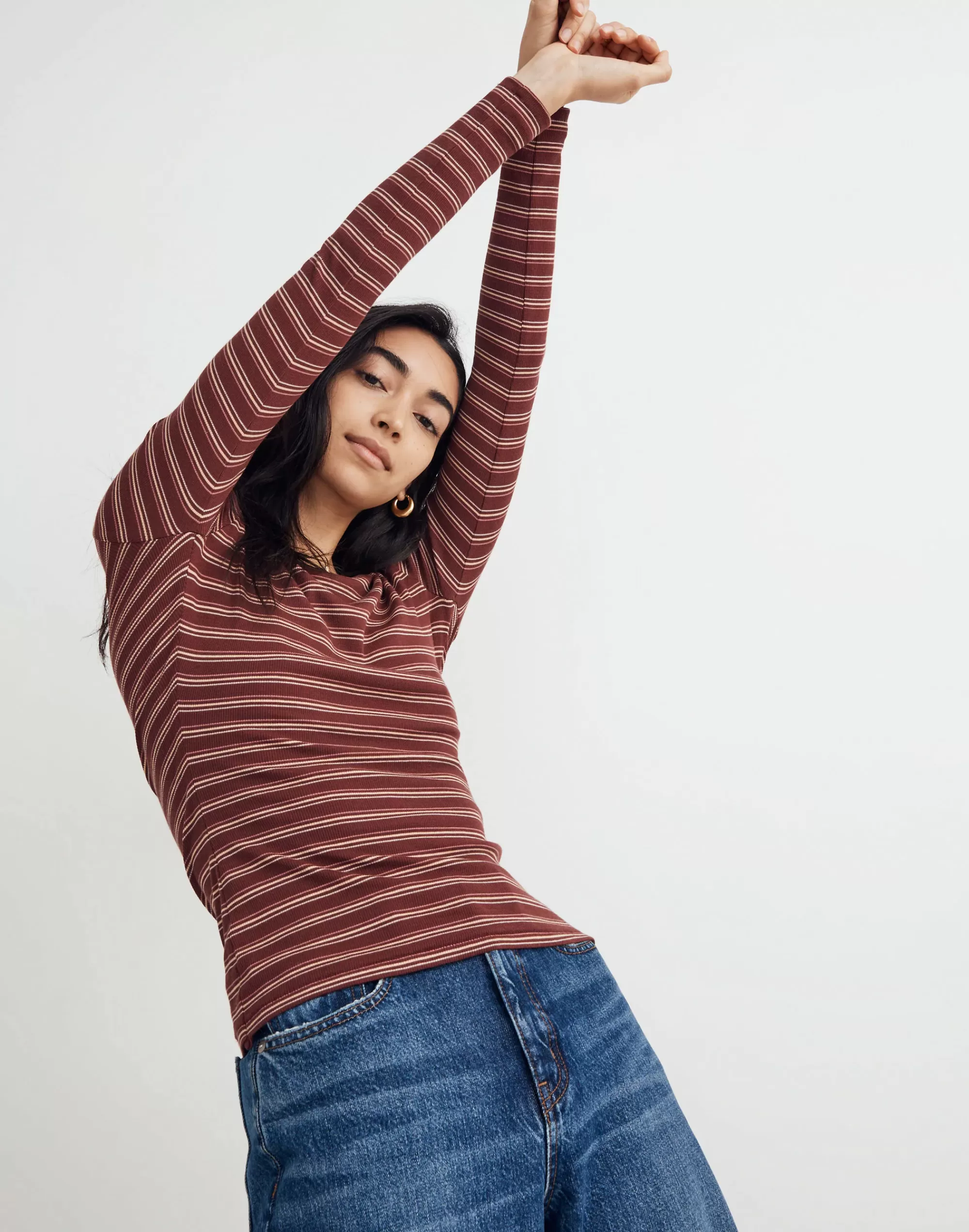 Madewell Tees>Fine Ribbed Crewneck Long-Sleeve Tee In Macey Stripe Dark Merlot