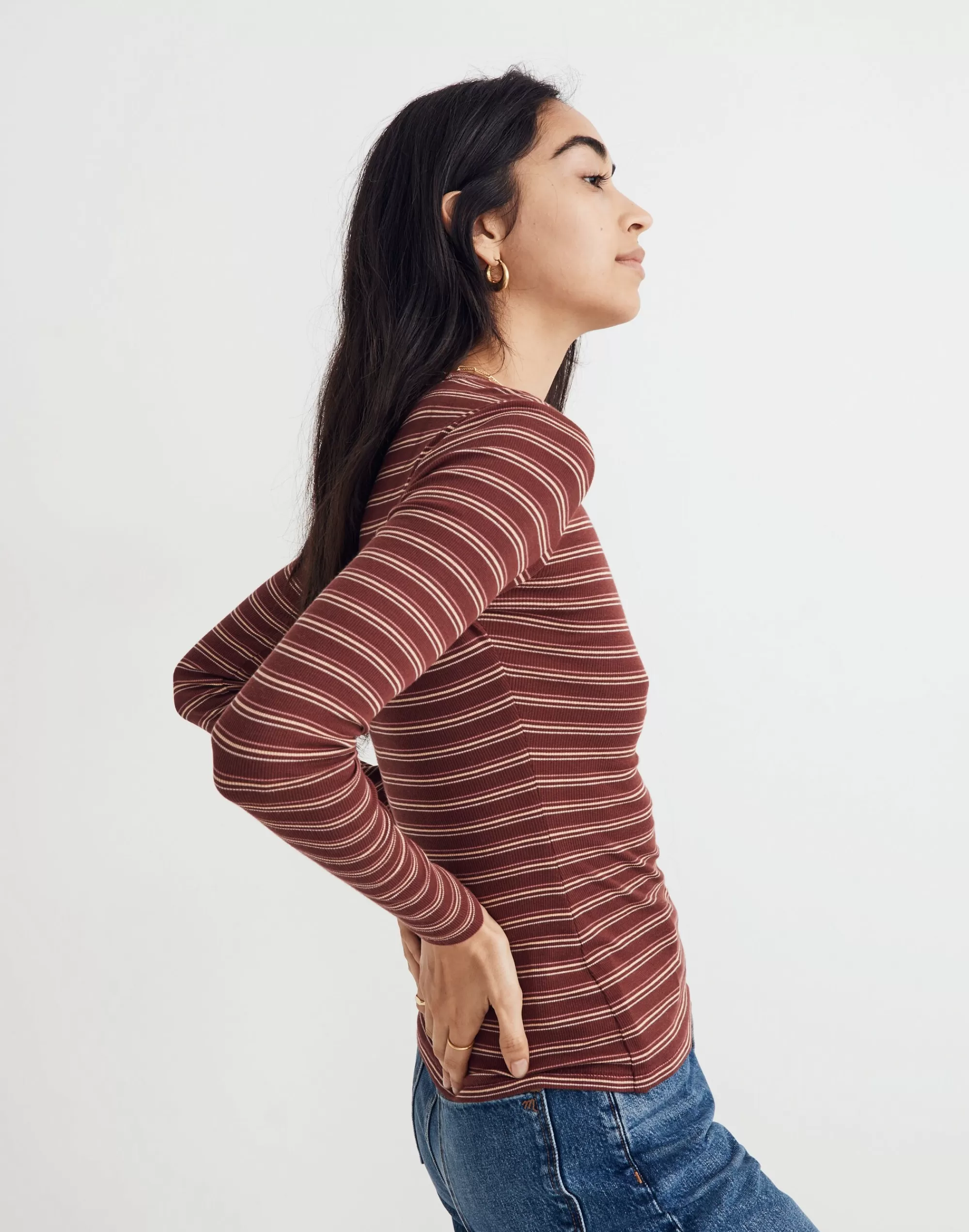 Madewell Tees>Fine Ribbed Crewneck Long-Sleeve Tee In Macey Stripe Dark Merlot