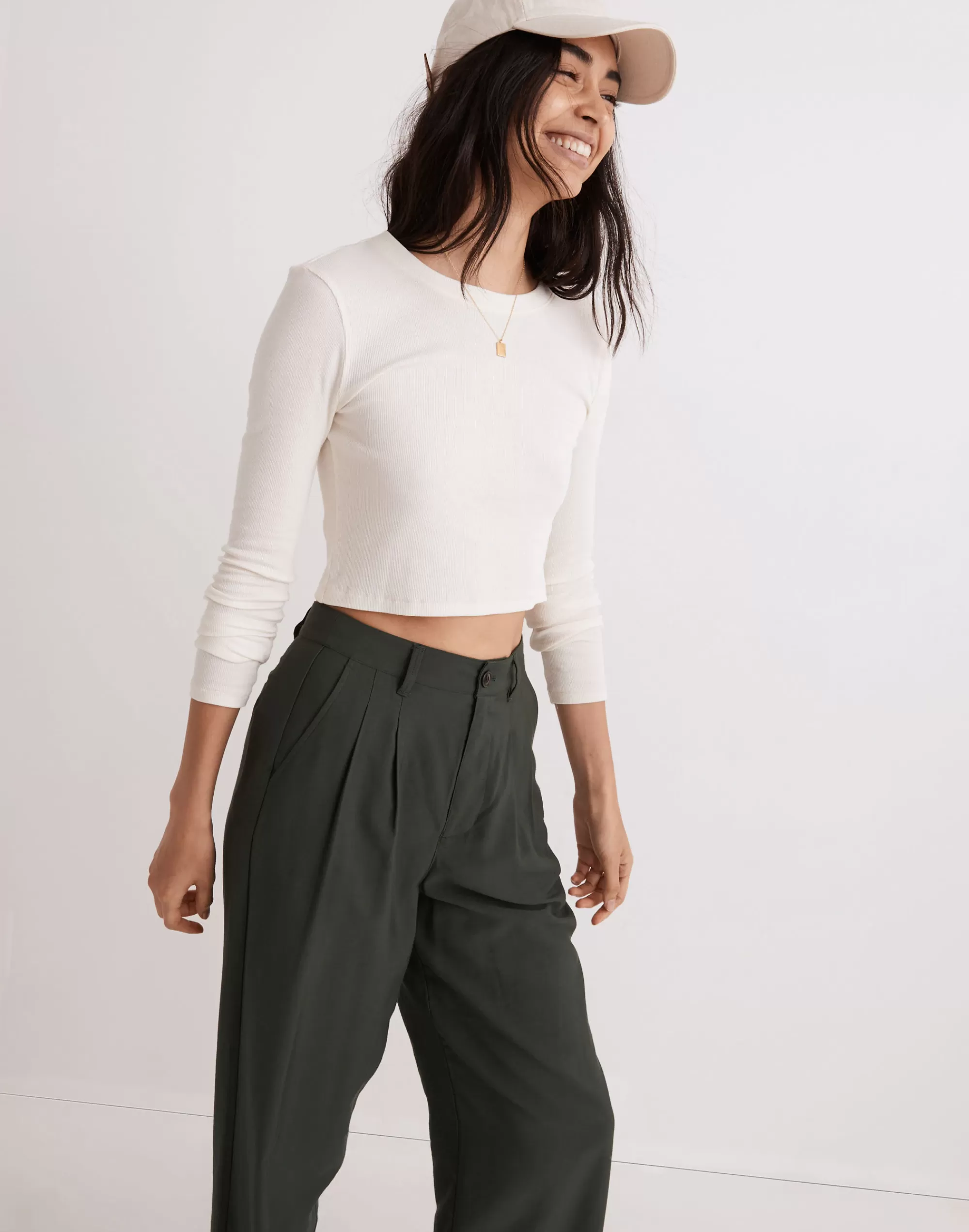 Madewell Tees>Fine Ribbed Supercrop Crewneck Long-Sleeve Tee Antique Cream