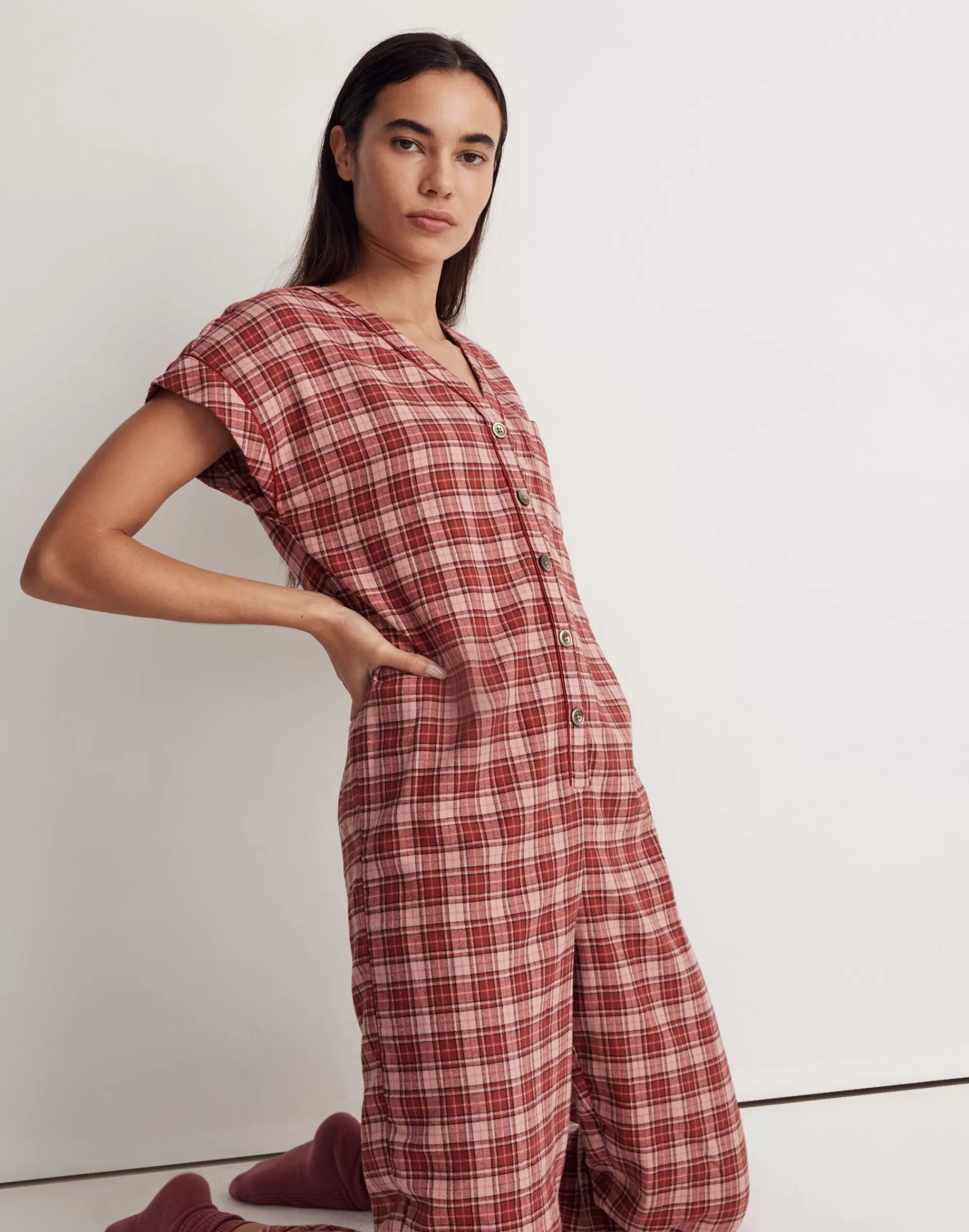 Madewell Pajamas>Flannel Bedtime Jumpsuit Pajamas In Plaid Dark Cinnabar