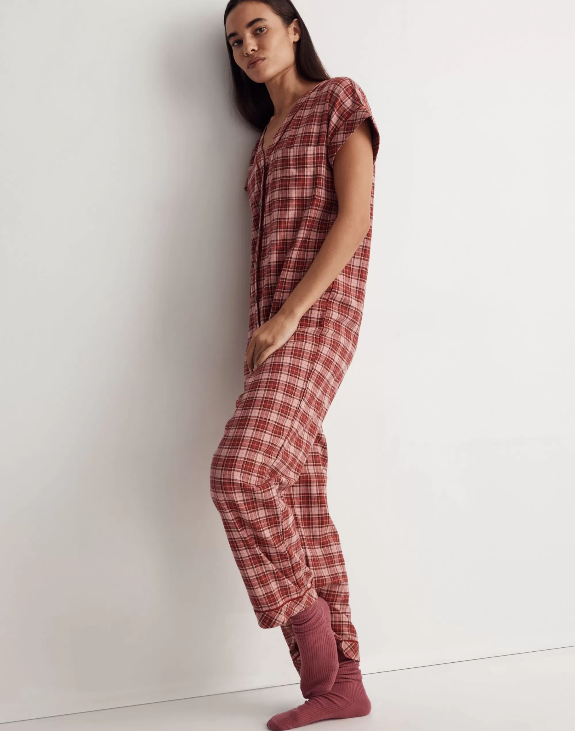 Madewell Pajamas>Flannel Bedtime Jumpsuit Pajamas In Plaid Dark Cinnabar