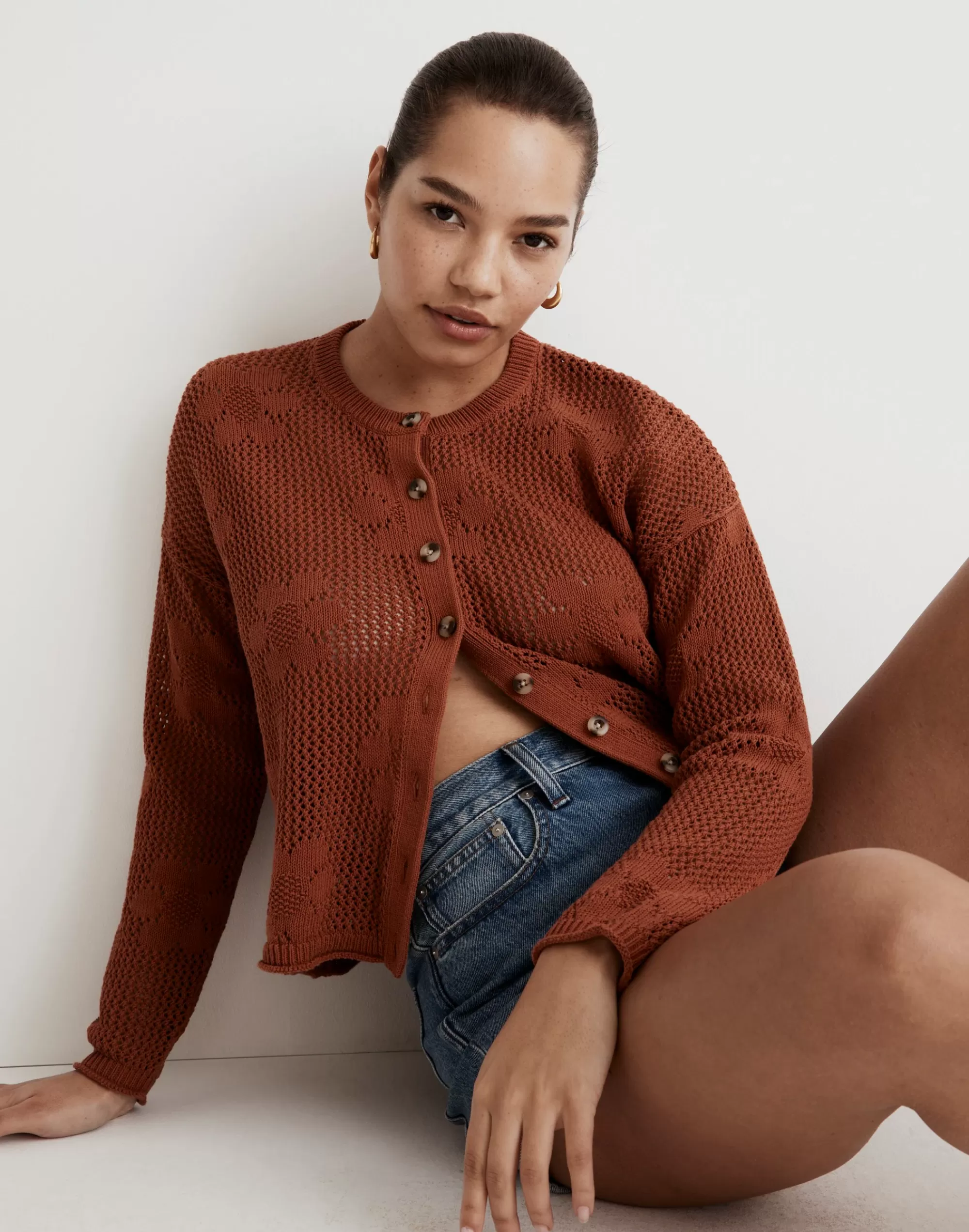 Madewell Sweaters>Floral Open-Stitch Cardigan Sweater Afterglow Red