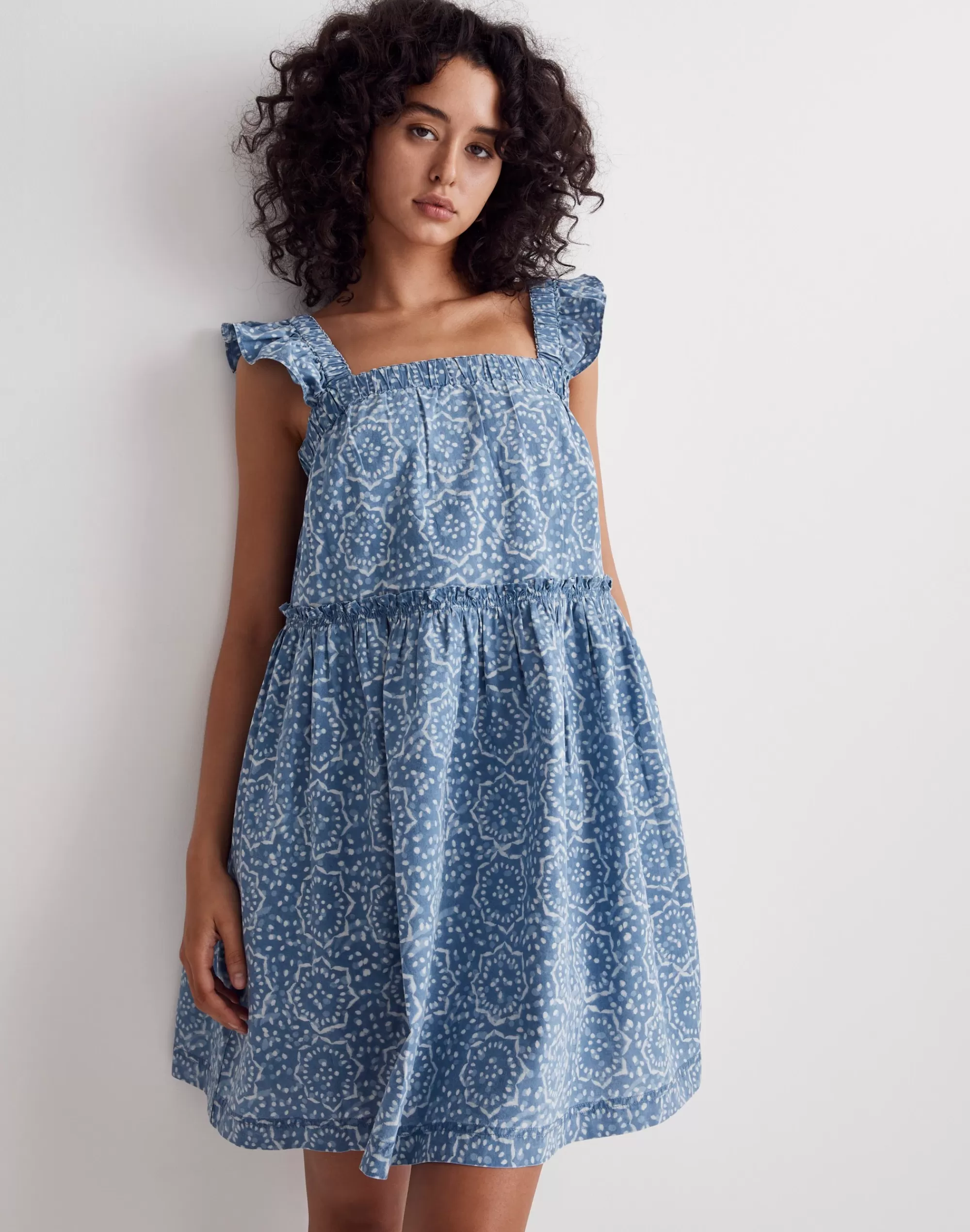 Madewell Dresses>Flutter-Sleeve Ruffle Mini Dress In Flora Medallion Starflower Blockprint