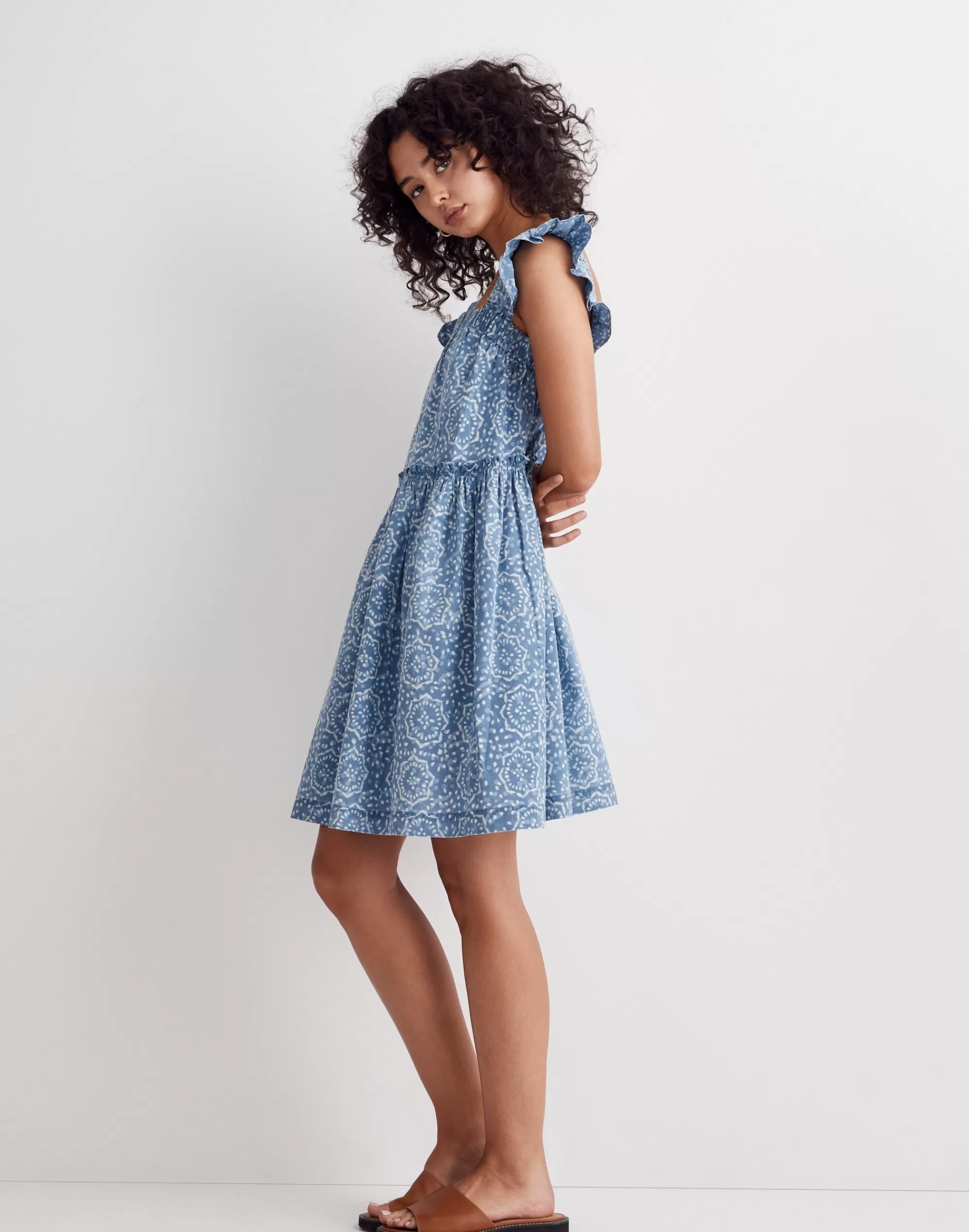 Madewell Dresses>Flutter-Sleeve Ruffle Mini Dress In Flora Medallion Starflower Blockprint