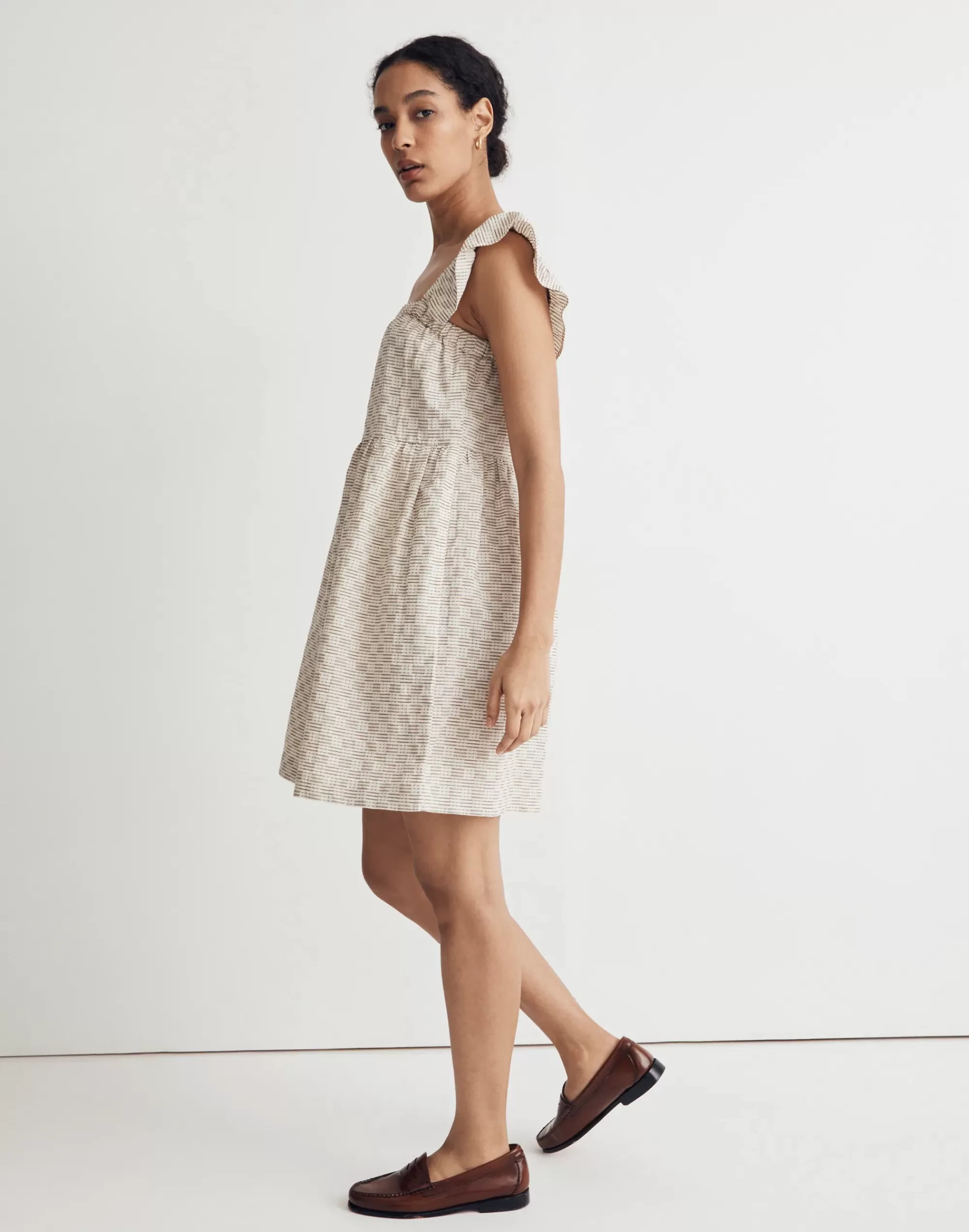 Madewell Dresses>Flutter-Sleeve Square-Neck Mini Dress In Striped Jacquard Bw Yd Stripe