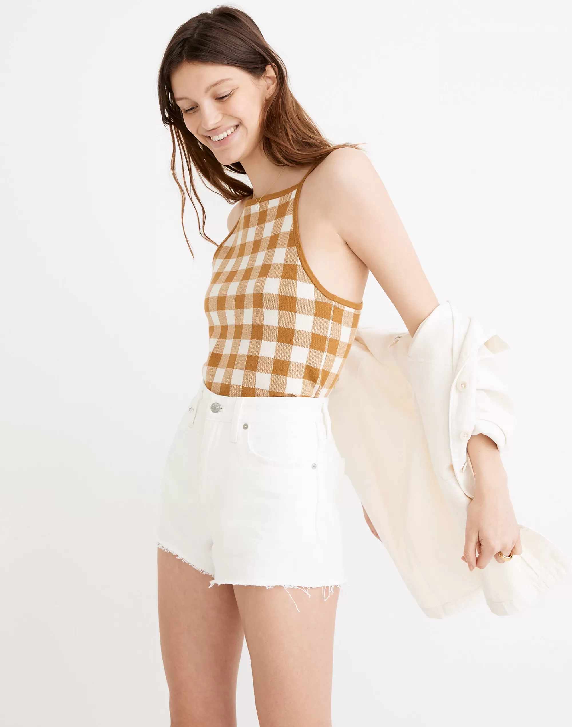 Madewell Sweaters>Gingham Apron Sweater Tank Antique Gold