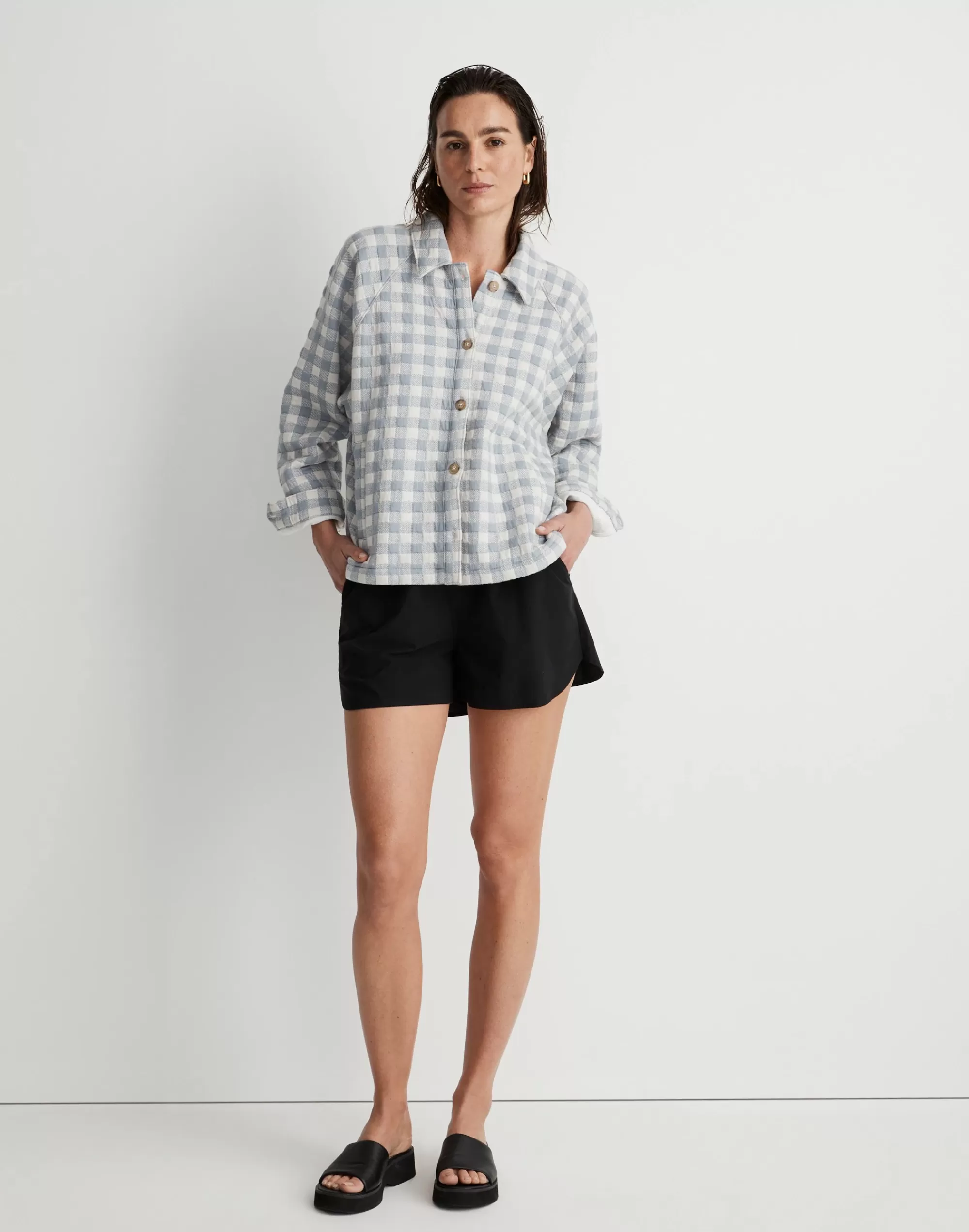 Madewell Tees>Gingham Quilted Crop Shirt-Jacket Still Dawn