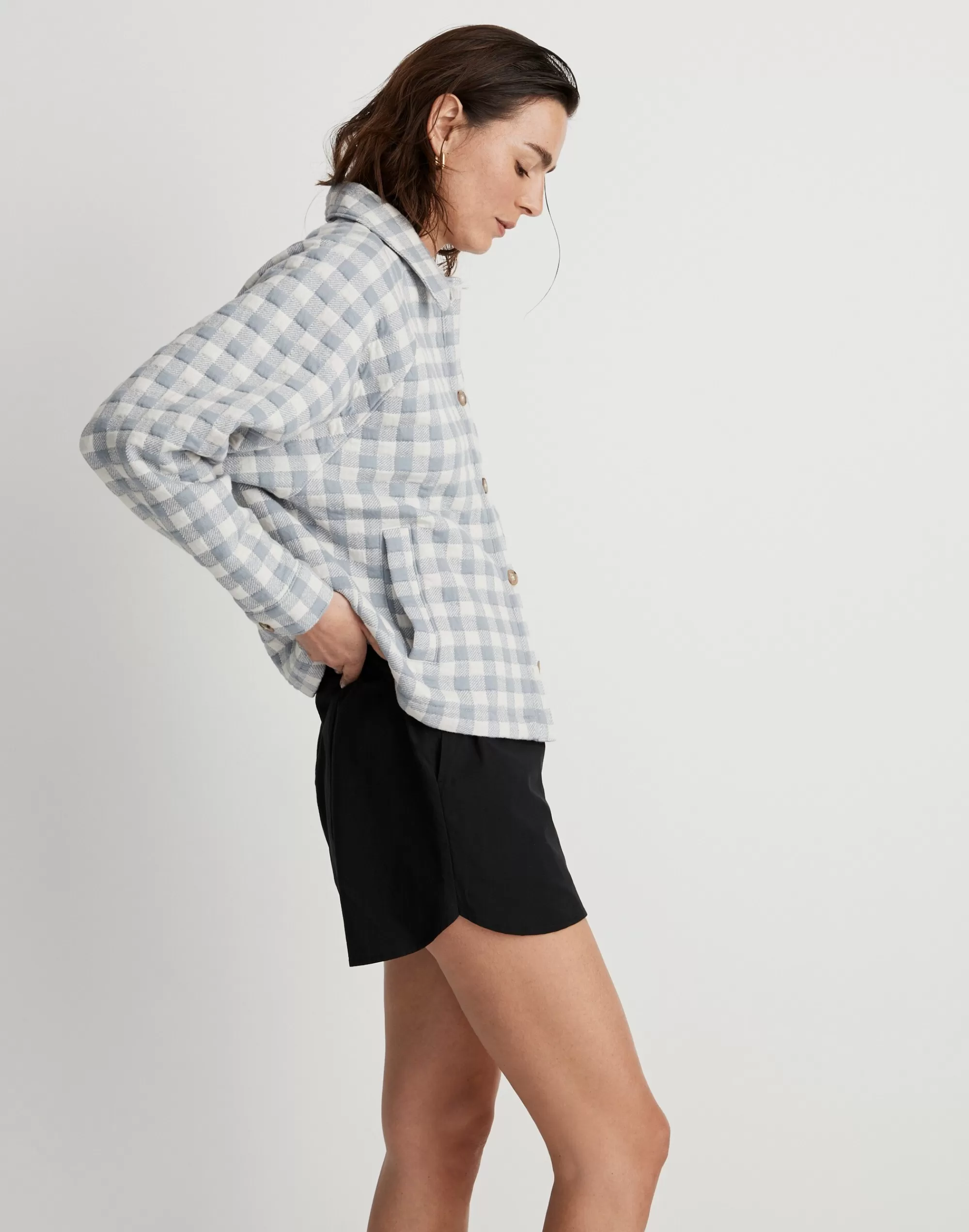 Madewell Tees>Gingham Quilted Crop Shirt-Jacket Still Dawn