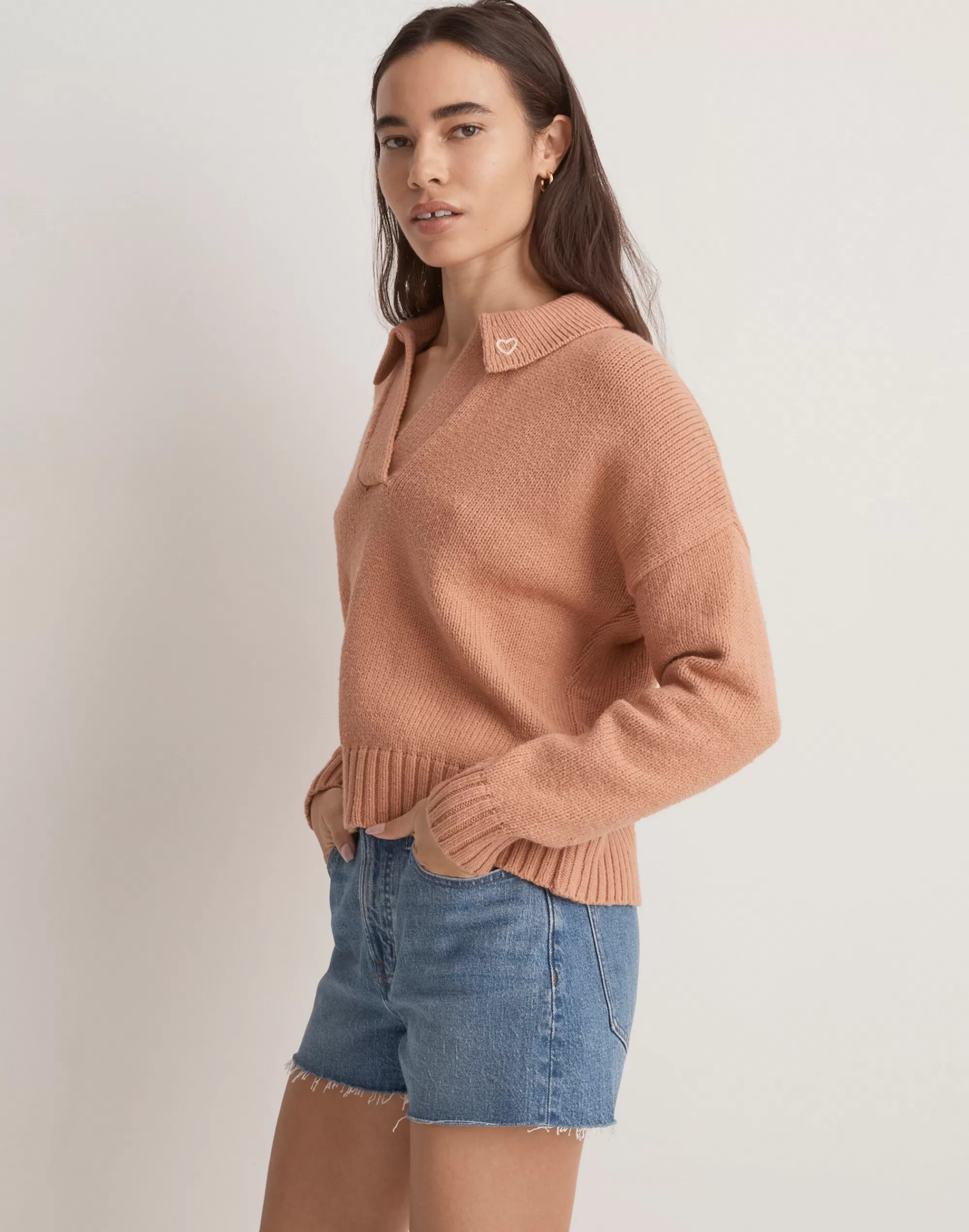 Madewell Sweaters>Heart-Embroidered Polo Sweater Ground Clay