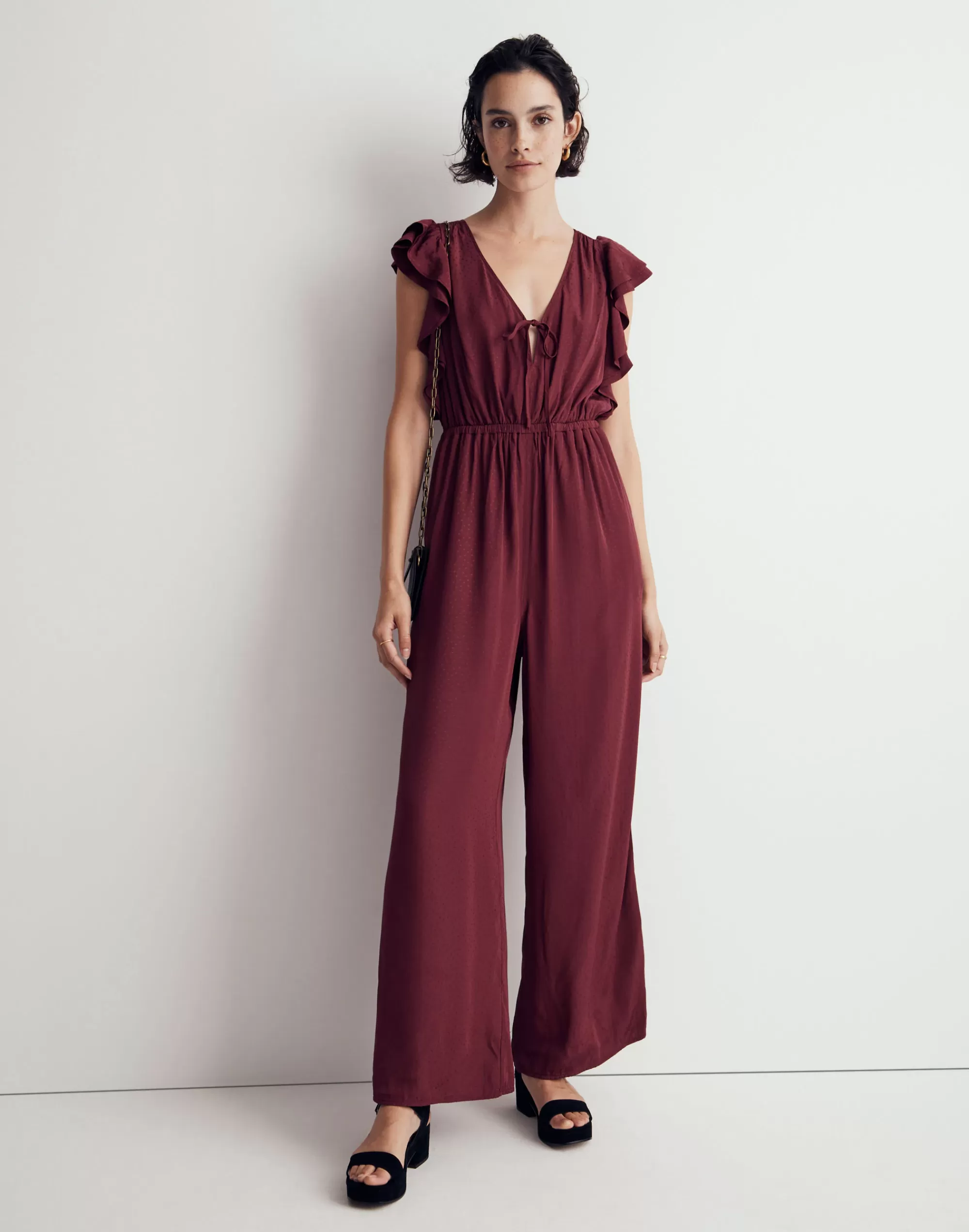 Madewell Dresses>Jacquard Deep-V Ruffled Jumpsuit Cabernet