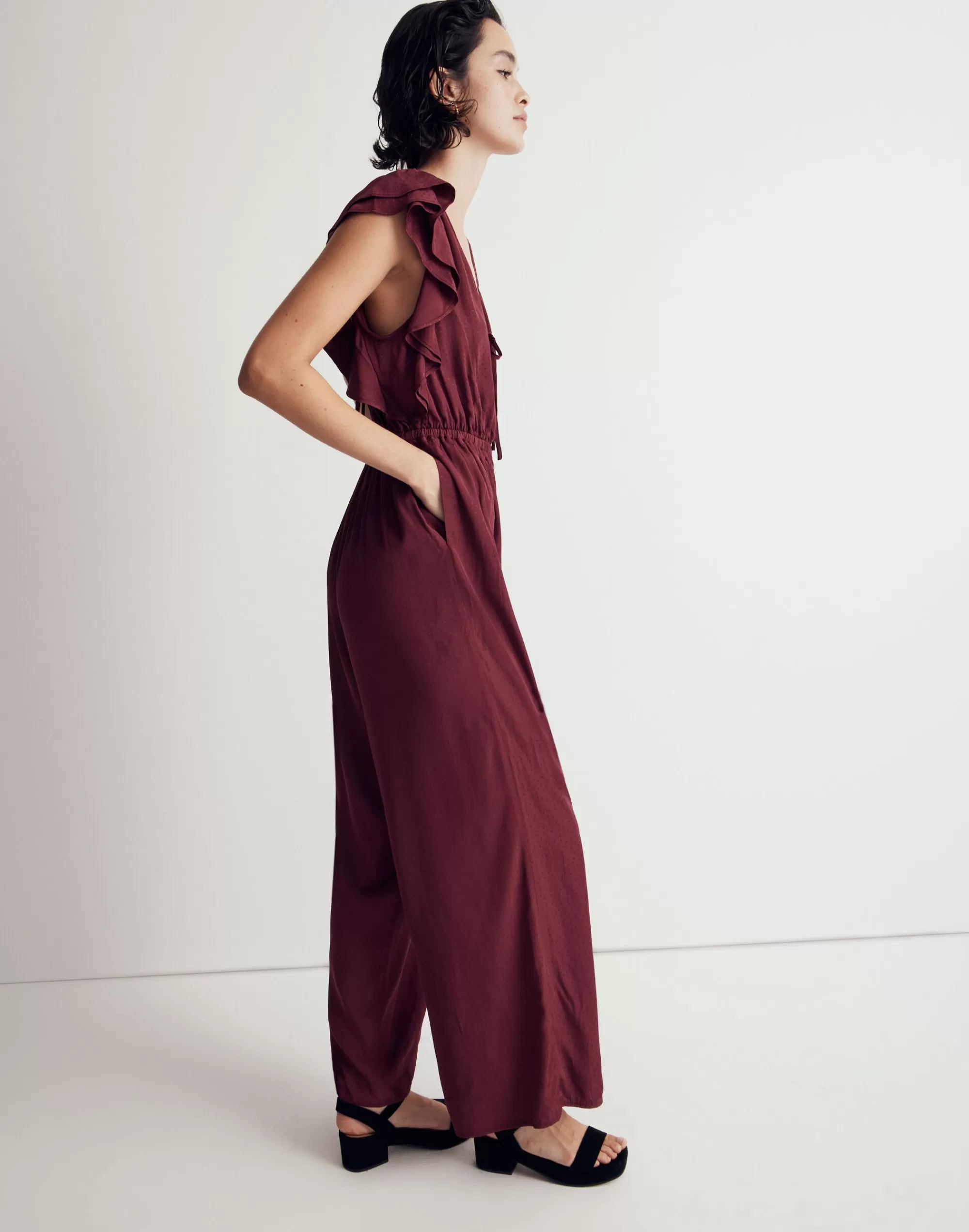 Madewell Dresses>Jacquard Deep-V Ruffled Jumpsuit Cabernet