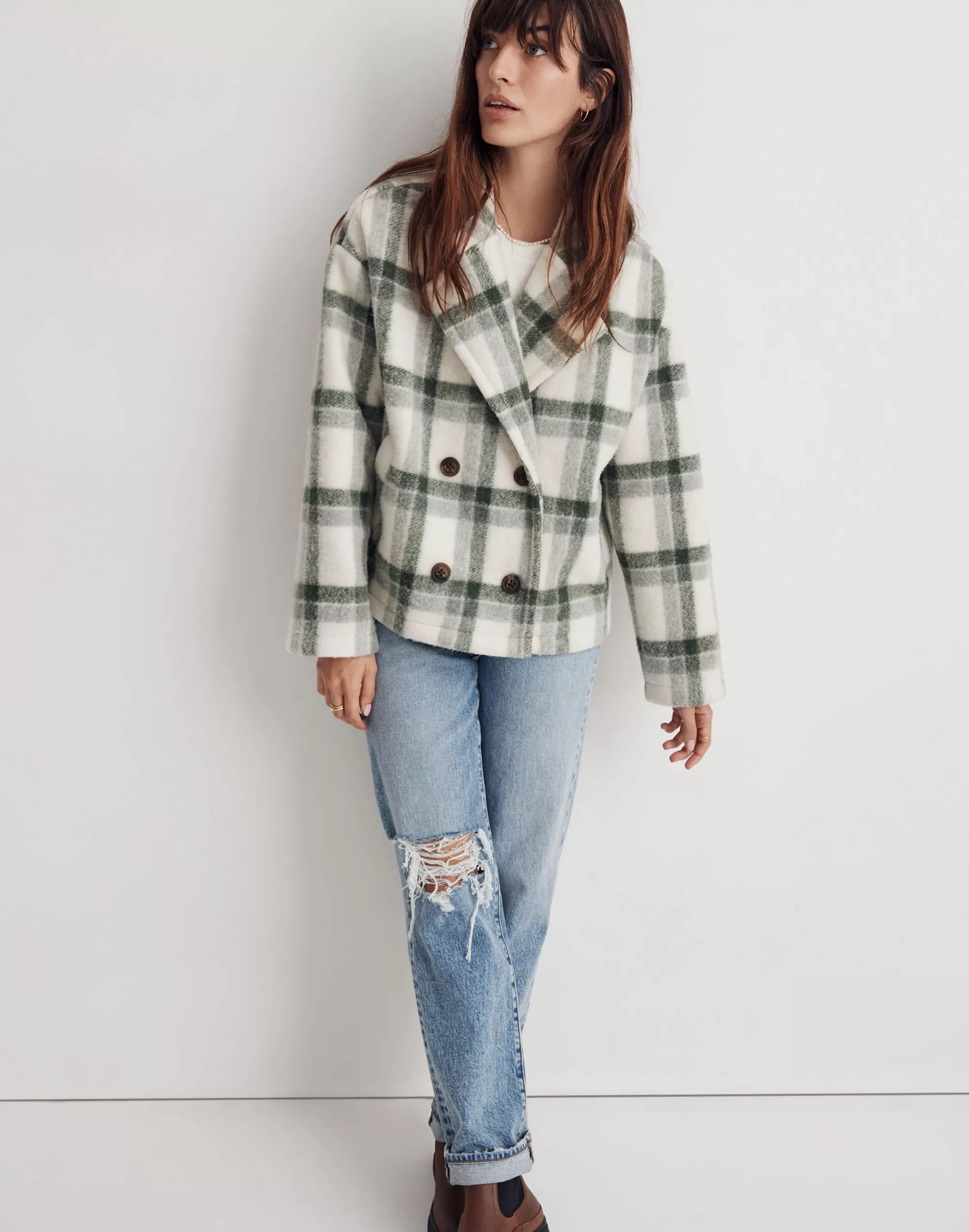 Madewell Blazers>Jacquard Double-Breasted Crop Blazer In Plaid Deep Forest