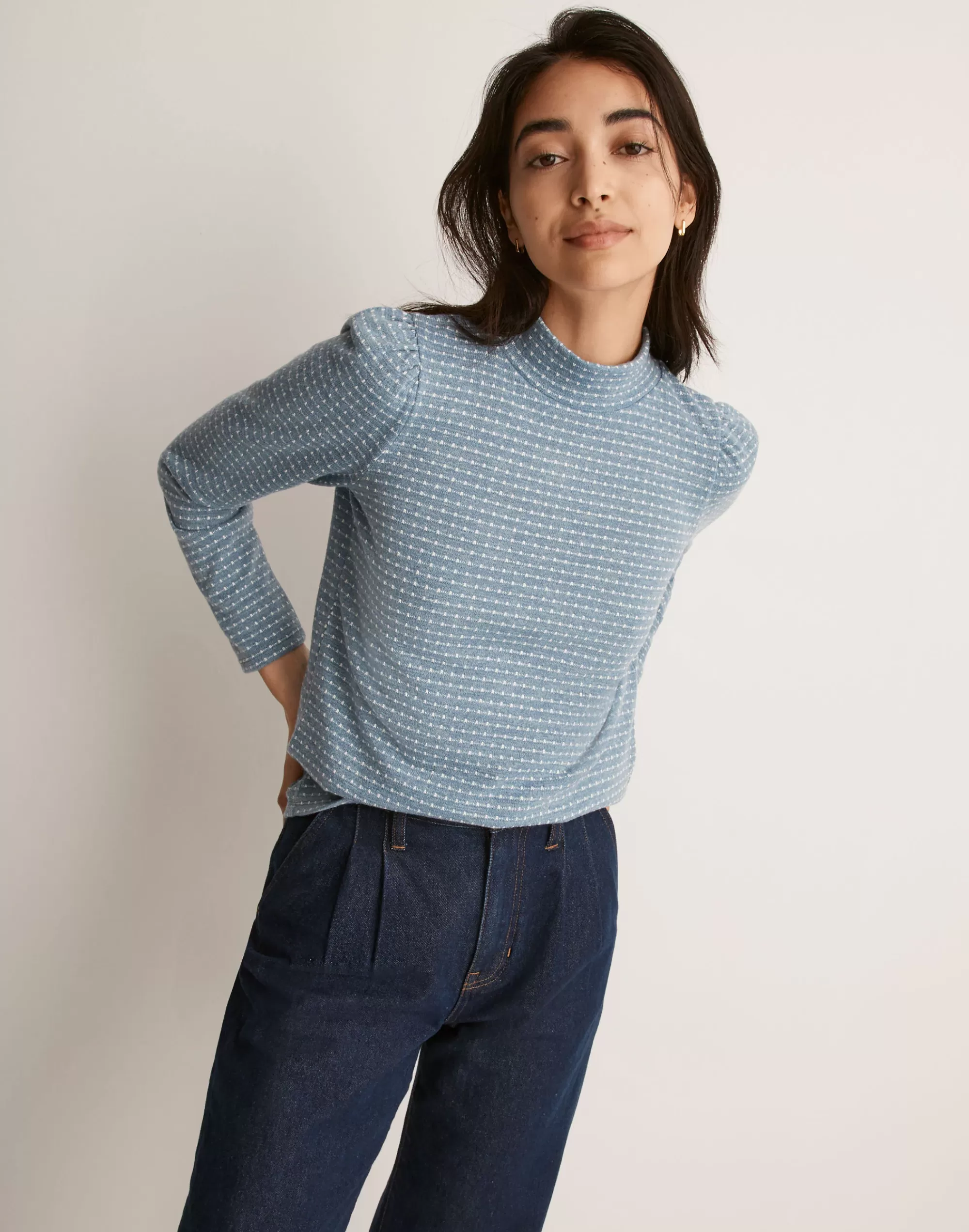 Madewell Tees>Jacquard Puff-Sleeve Mockneck Top Tranquil Lake