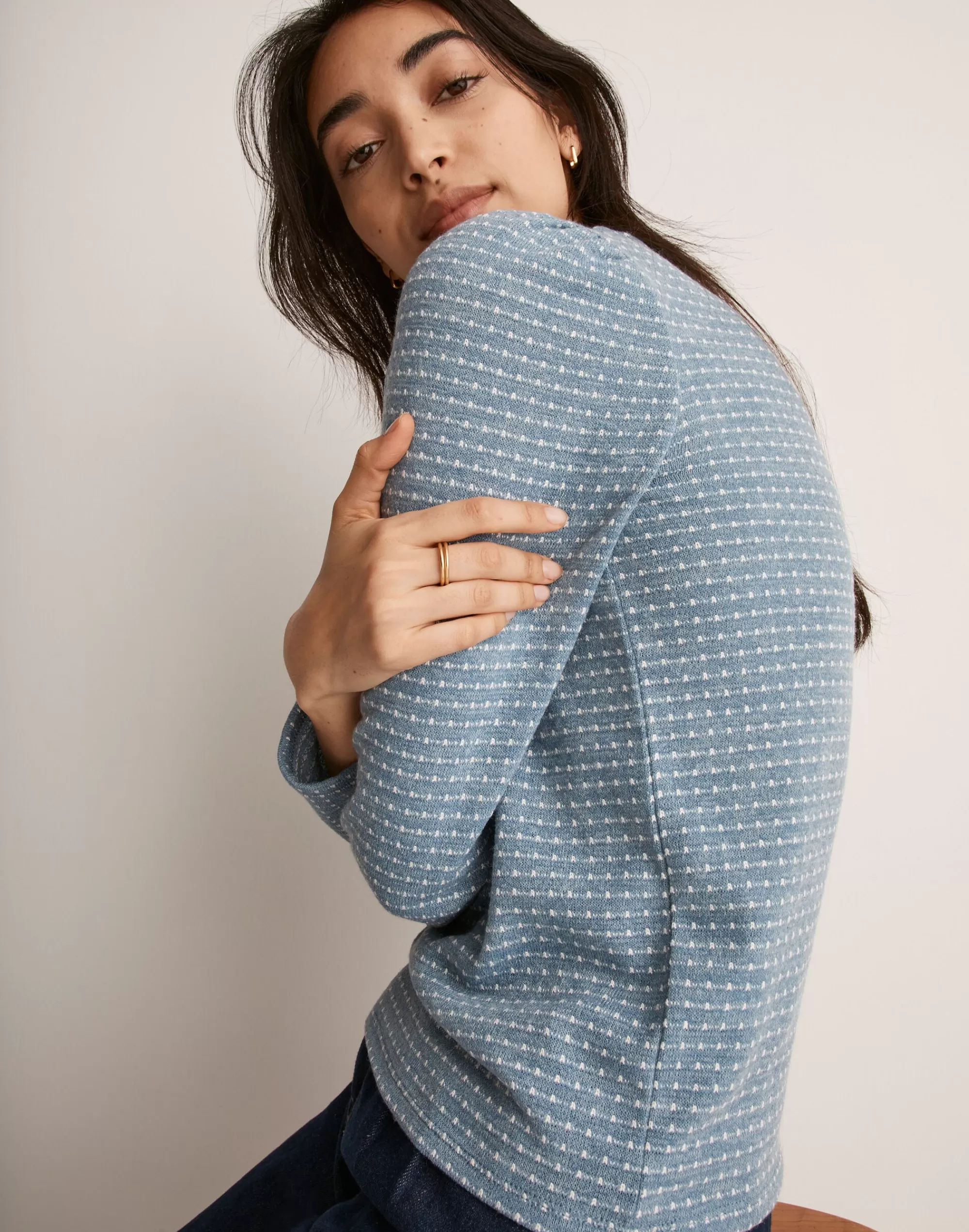 Madewell Tees>Jacquard Puff-Sleeve Mockneck Top Tranquil Lake