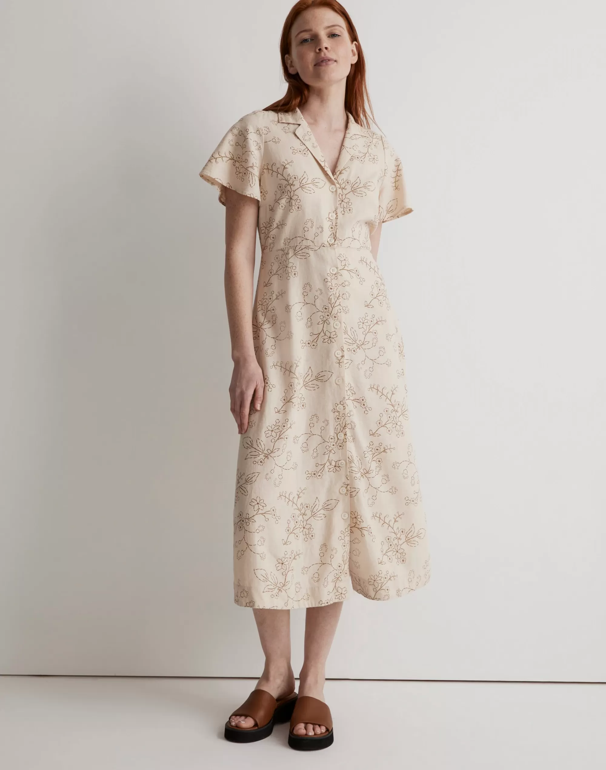 Madewell Dresses>Kacie Midi Shirtdress In Stitched Vines Sand