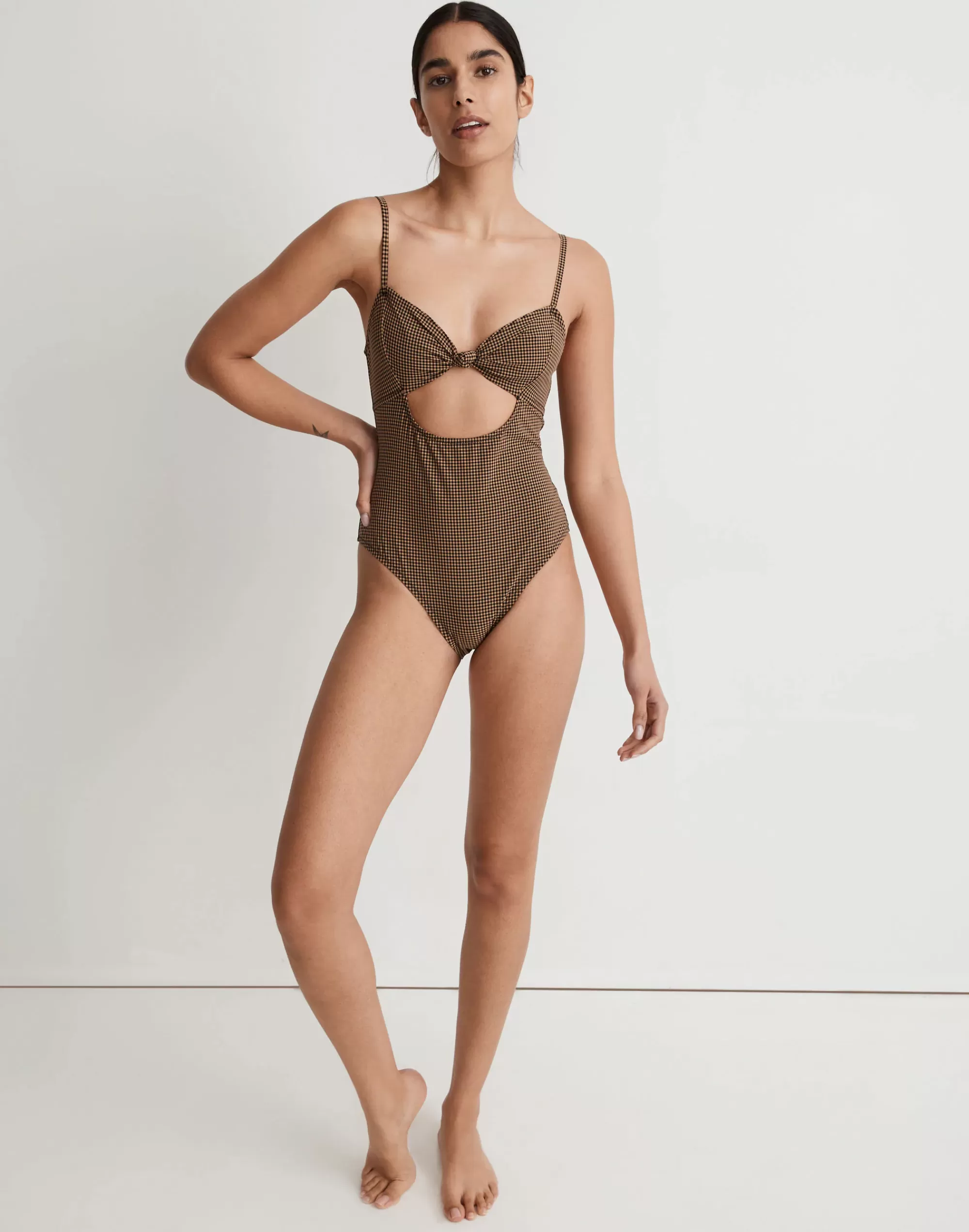 Madewell Swim>Knotted Cutout One-Piece Swimsuit In Mini Check Toffee