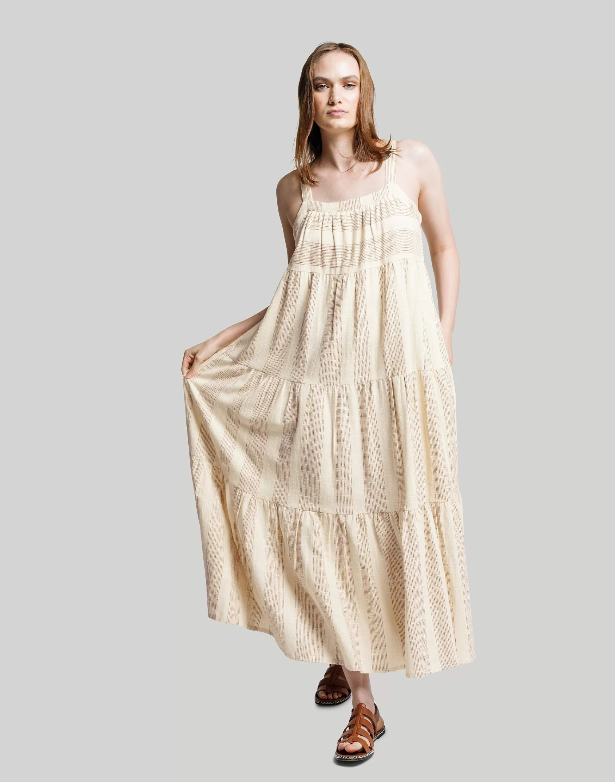 Madewell Dresses>Laude The Label Strappy Tiered Maxi Dress Ivory Multi