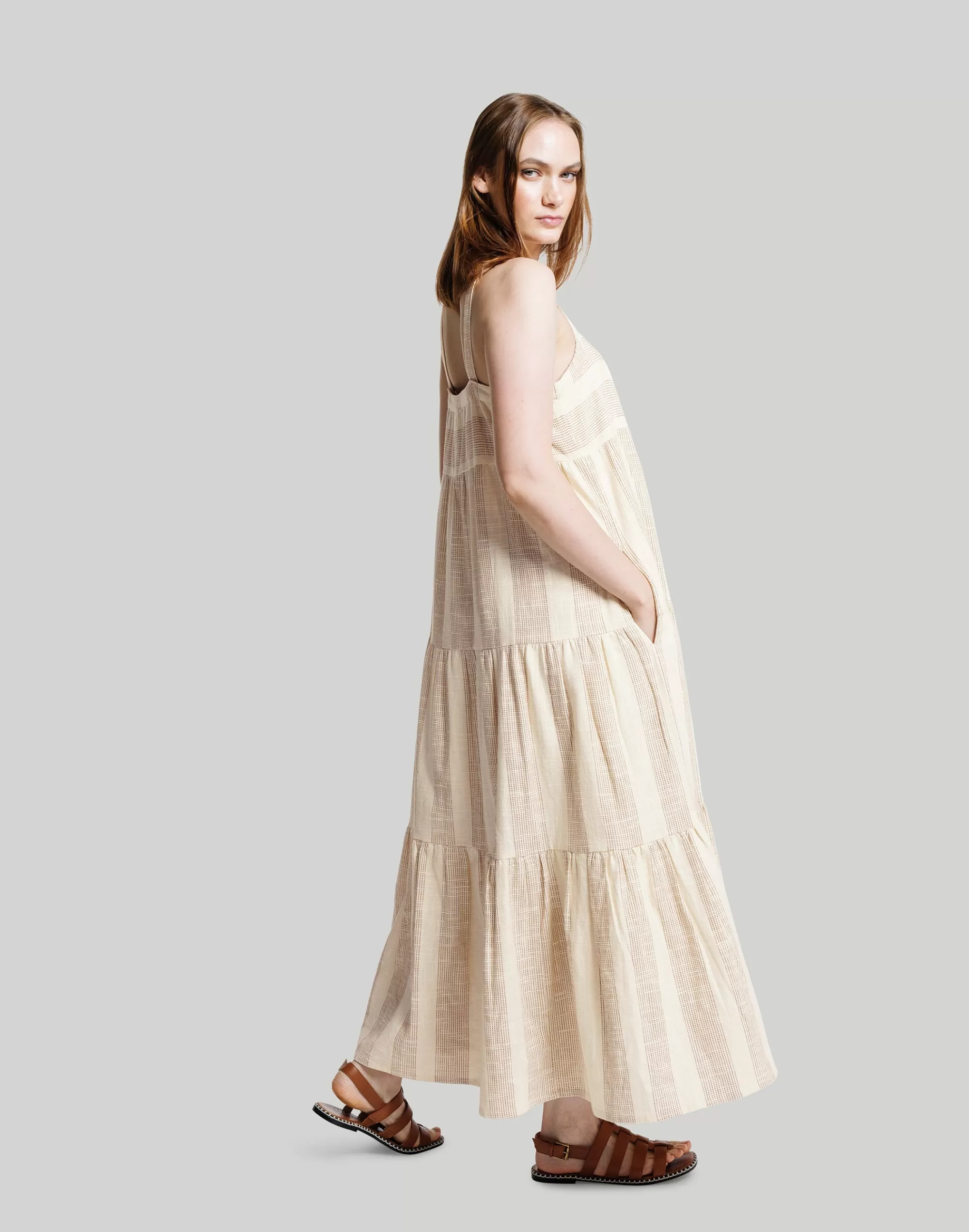 Madewell Dresses>Laude The Label Strappy Tiered Maxi Dress Ivory Multi