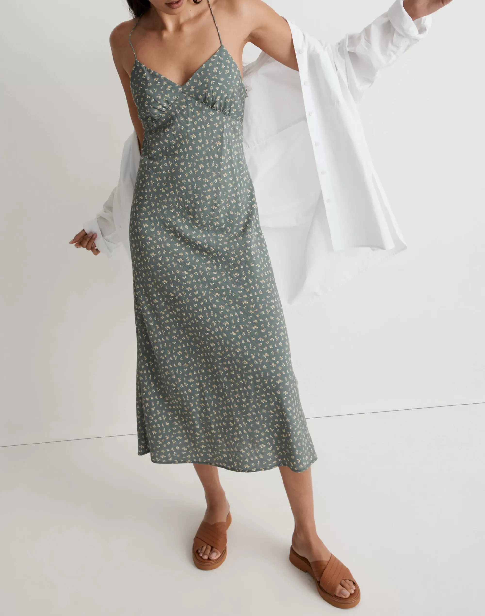 Madewell Dresses>Layton Midi Slip Dress In Bitsy Bouquet Architect Green