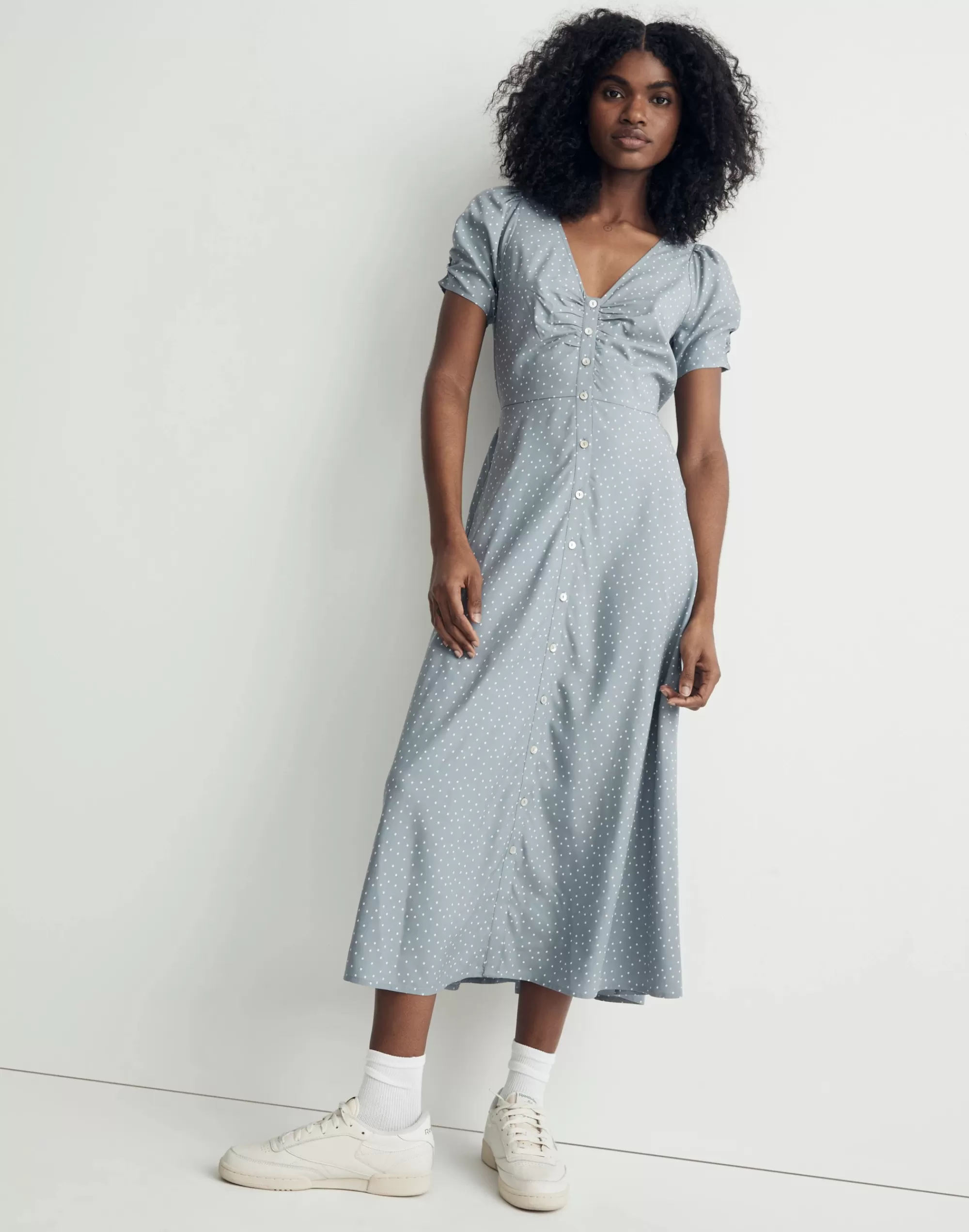 Madewell Dresses>Leedra Button-Front Midi Dress In Dot Still Dawn