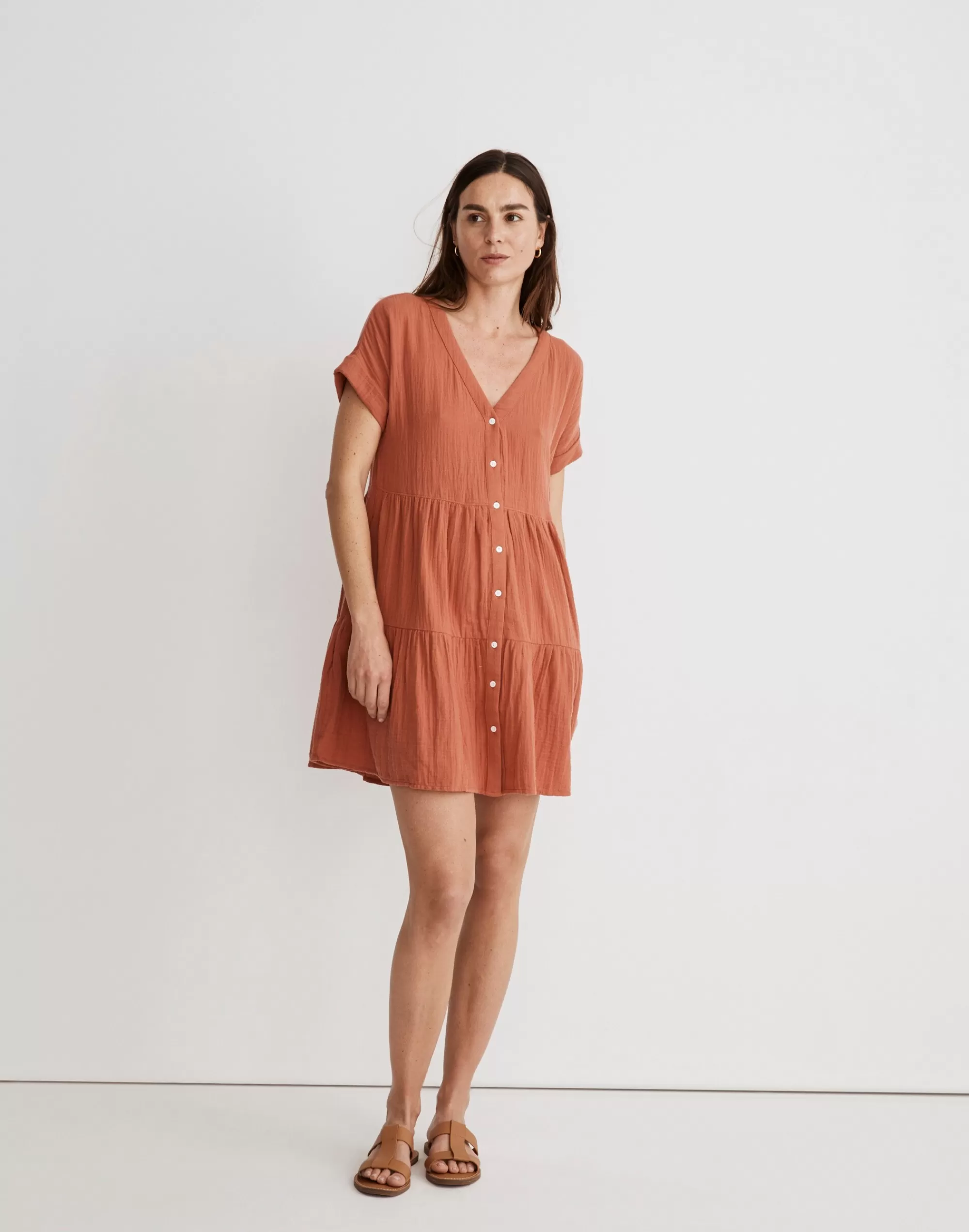 Madewell Dresses>Lightspun Cuff-Sleeve Button-Front Tiered Mini Dress Salvaged Barn