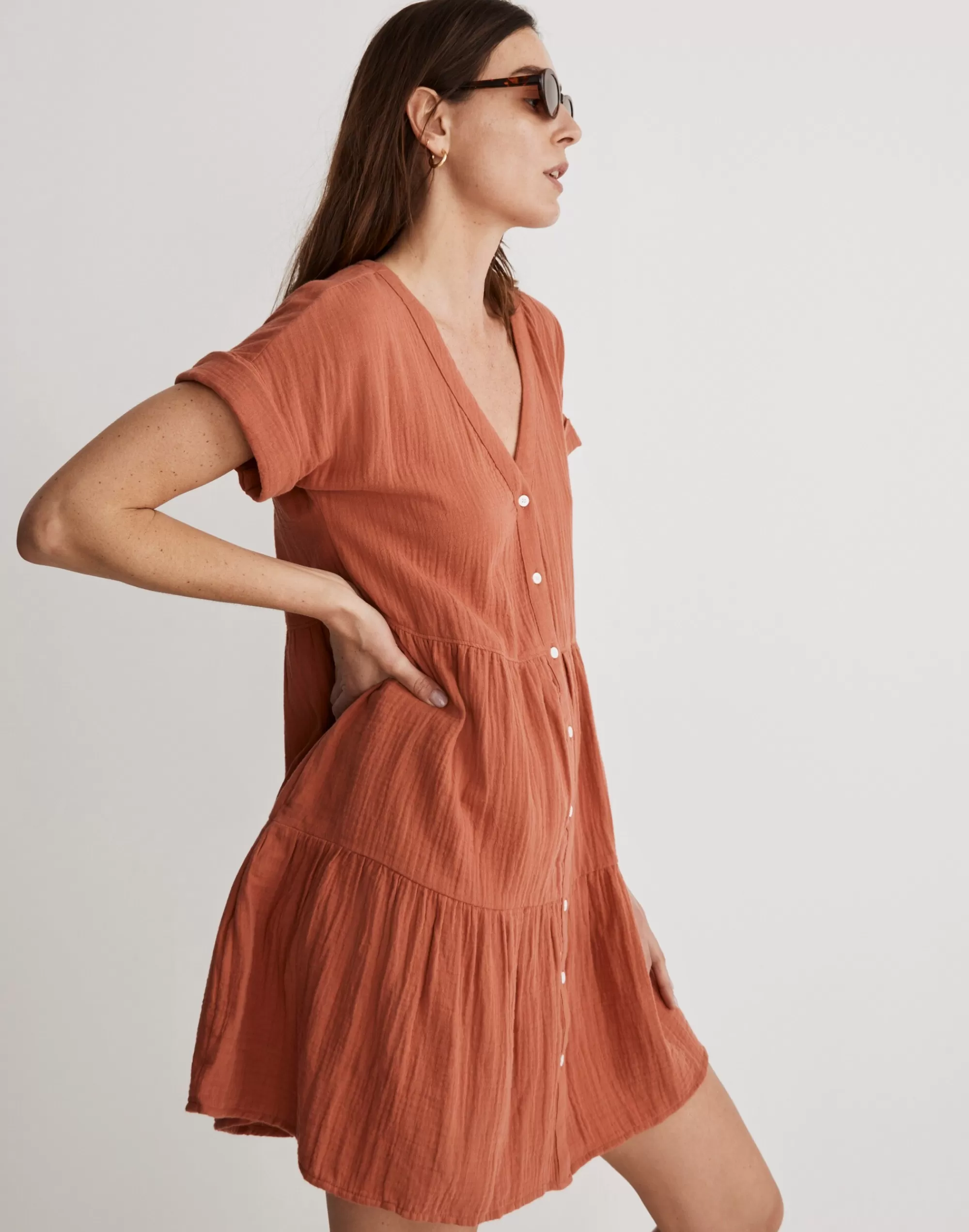 Madewell Dresses>Lightspun Cuff-Sleeve Button-Front Tiered Mini Dress Salvaged Barn