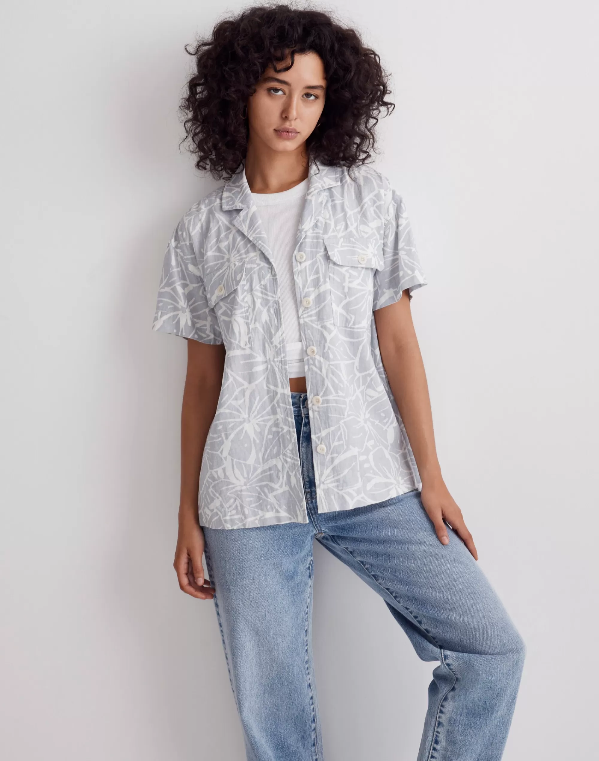 Madewell Tops & Shirts>Linen-Blend Camp Shirt In Abstract Flora Cool Fog