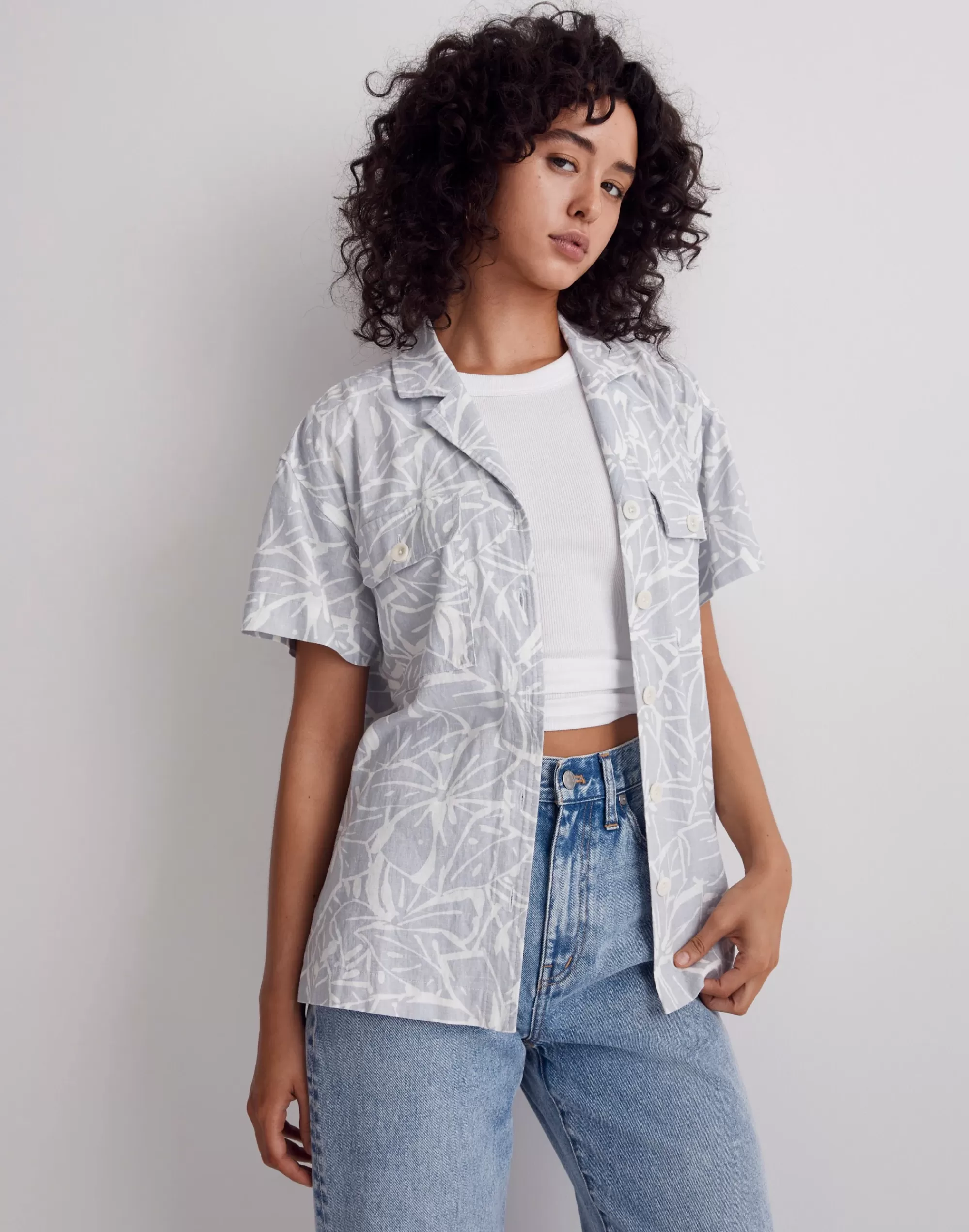 Madewell Tops & Shirts>Linen-Blend Camp Shirt In Abstract Flora Cool Fog