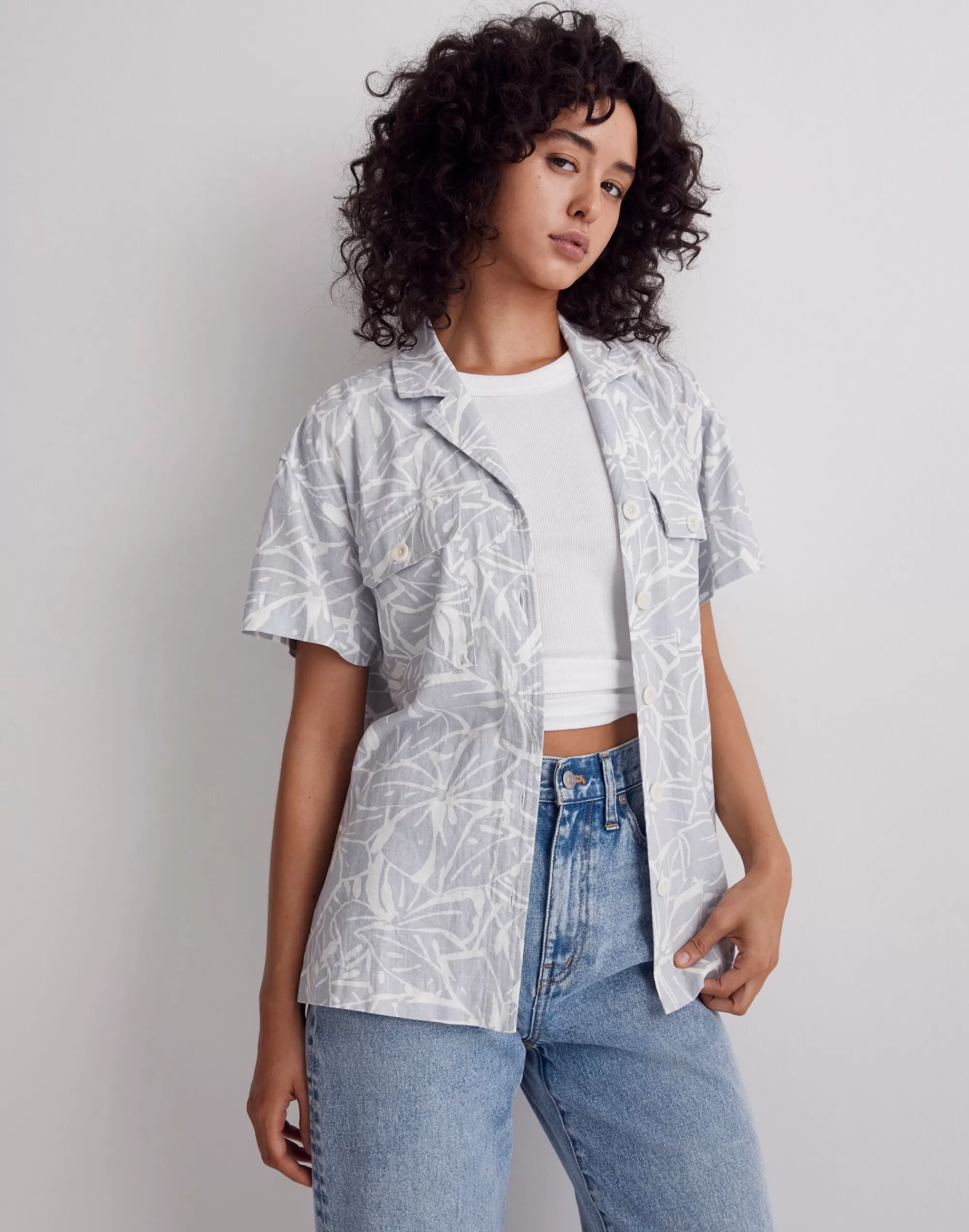 Madewell Suits>Linen-Blend Camp Shirt In Abstract Flora Cool Fog