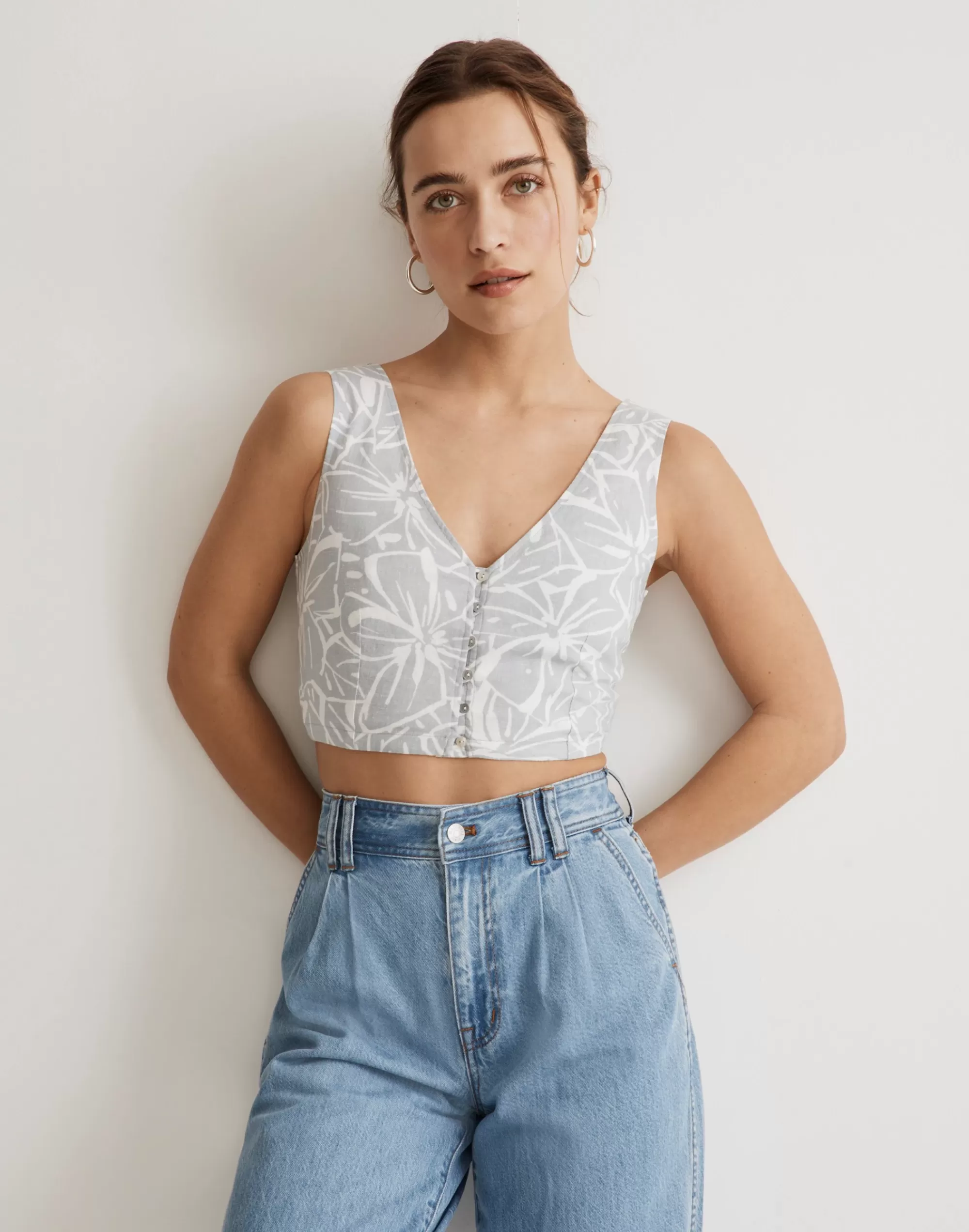 Madewell Tops & Shirts>Linen-Blend Gwen Crop Vest Top In Abstract Flora Cool Fog